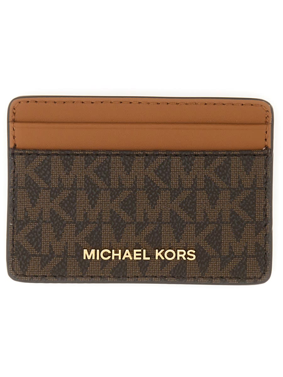 Michael Kors Printed Canvas Card Holder In Brown