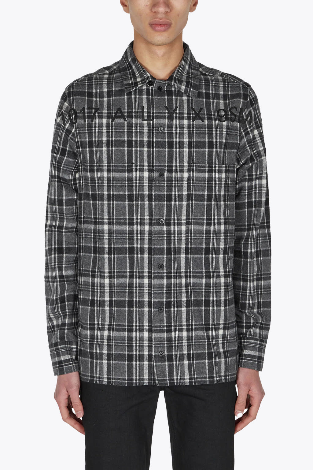 1017 ALYX 9SM Plaid Logo Shirt Grey checked flannel shirt with logo ...