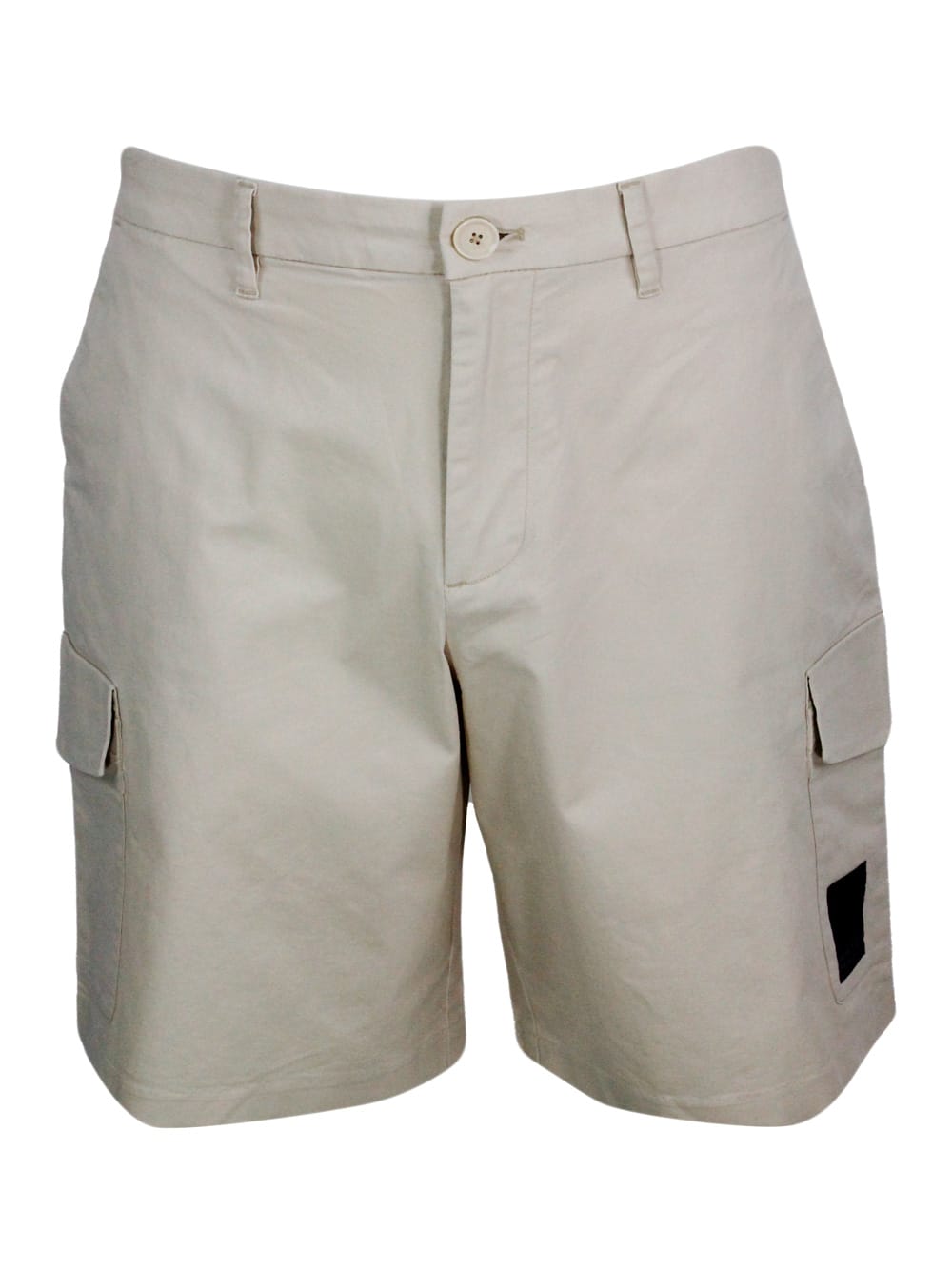 Armani Collezioni Stretch Cotton Bermuda Shorts, Cargo Model With Large Pockets On The Leg And Zip And Button Closure In Beige