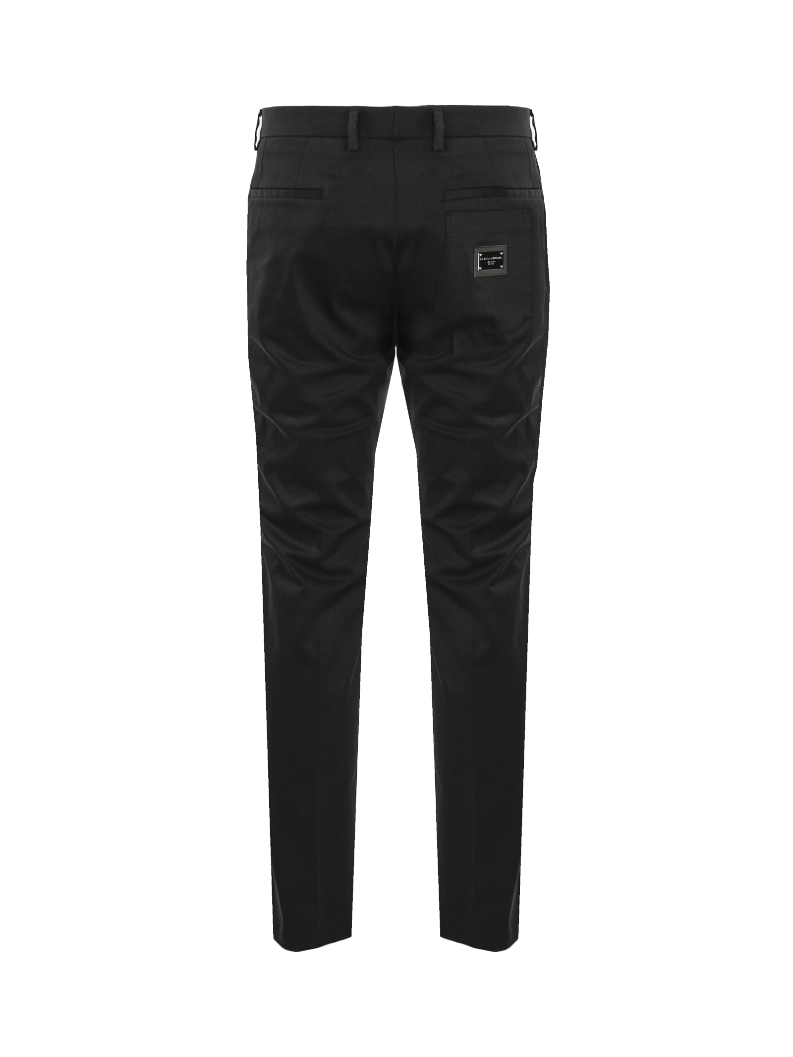 Shop Dolce & Gabbana Stretch Cotton Trousers With Logoed Plaque In Black
