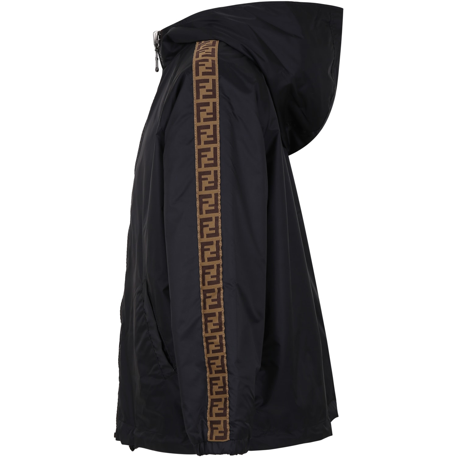 Shop Fendi Black Reversible Raincoat For Kids With Double F