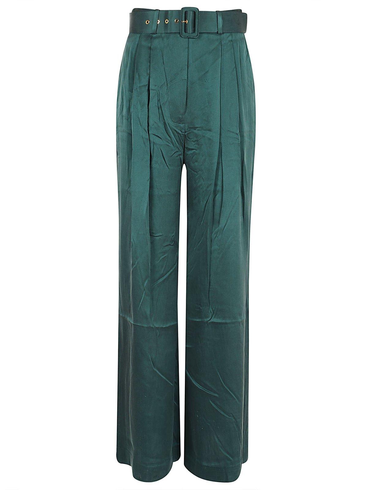 Shop Zimmermann Wide Leg Satin Trousers In Green