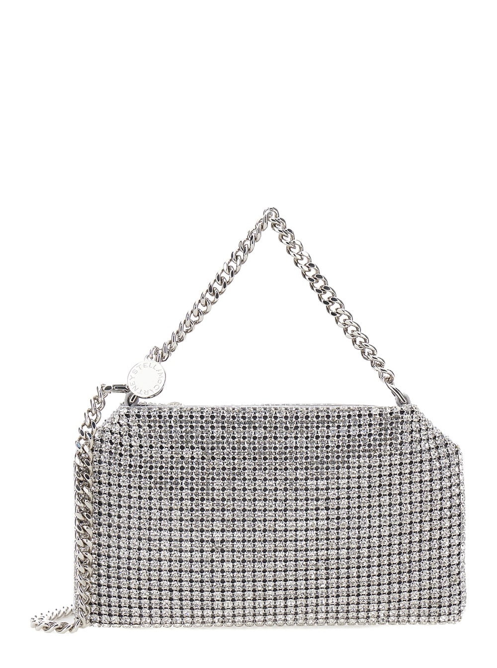 Shop Stella Mccartney Falabella Silver Shoulder Bag With Logo Charm And Crystals In Mesh Woman In Grey