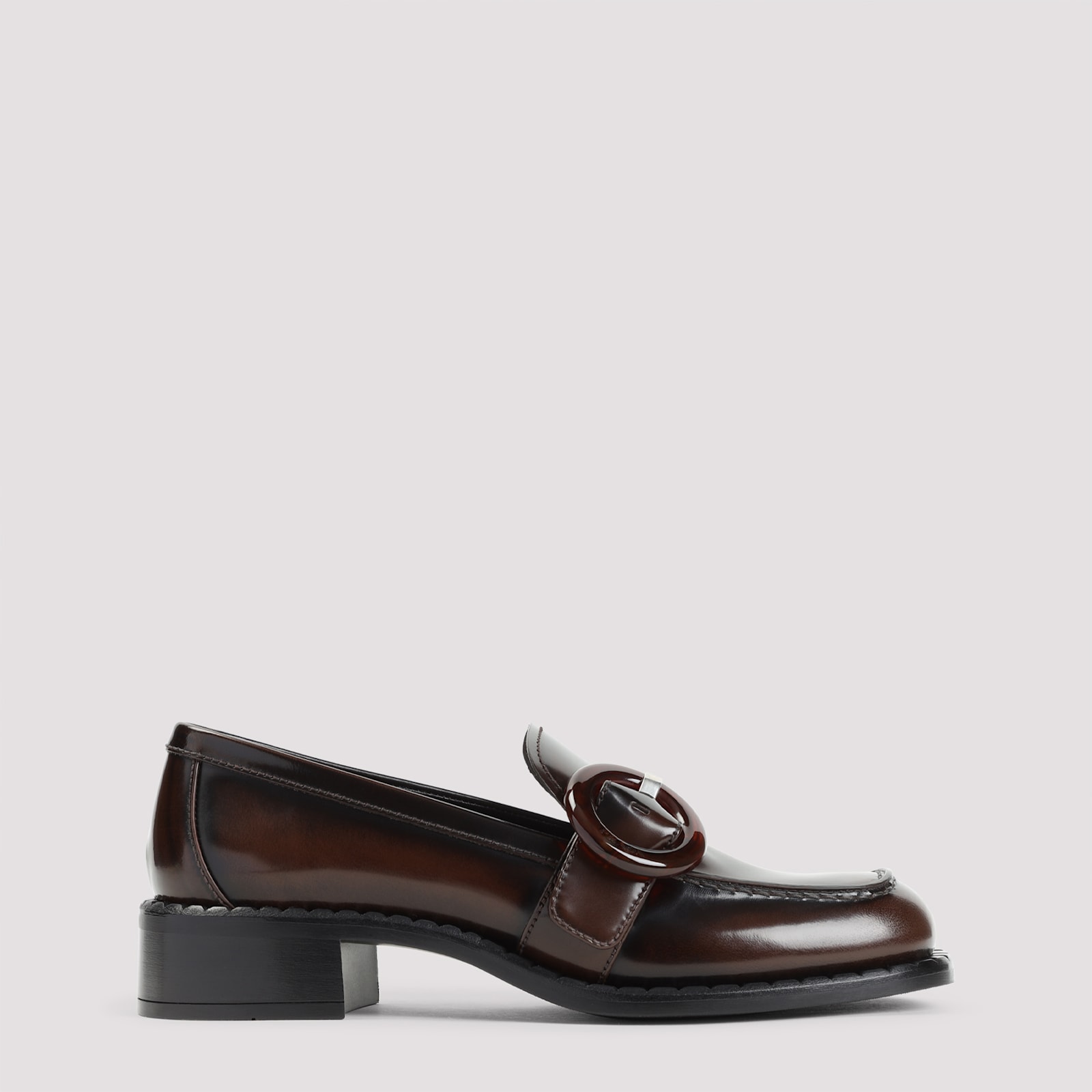 Prada Polished Brown Flat Shoes With Decorative Buckle