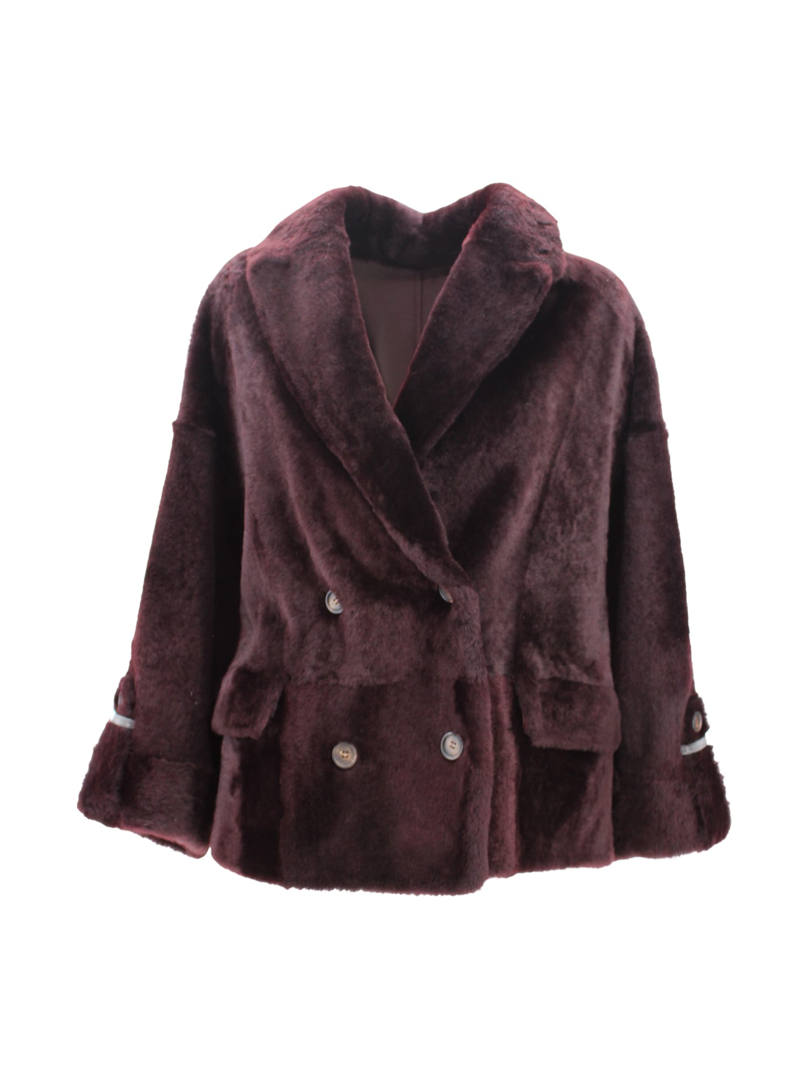 Brunello Cucinelli Reversible Shearling Outerwear With Shiny Cuff Details. In Burgundy