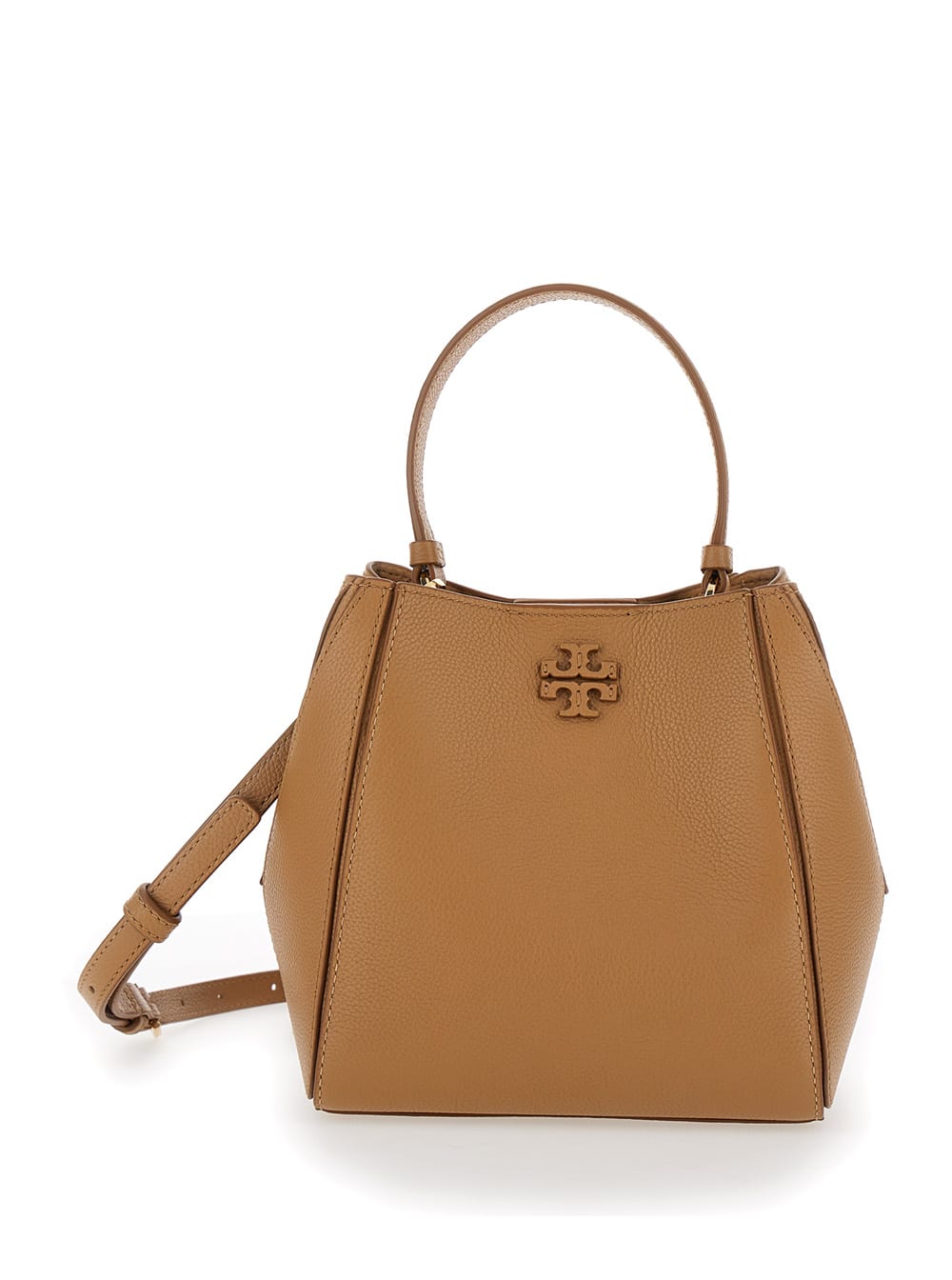 Shop Tory Burch Mcgraw Small Beige Bucket Bag With Double T In Hammered Leather Woman