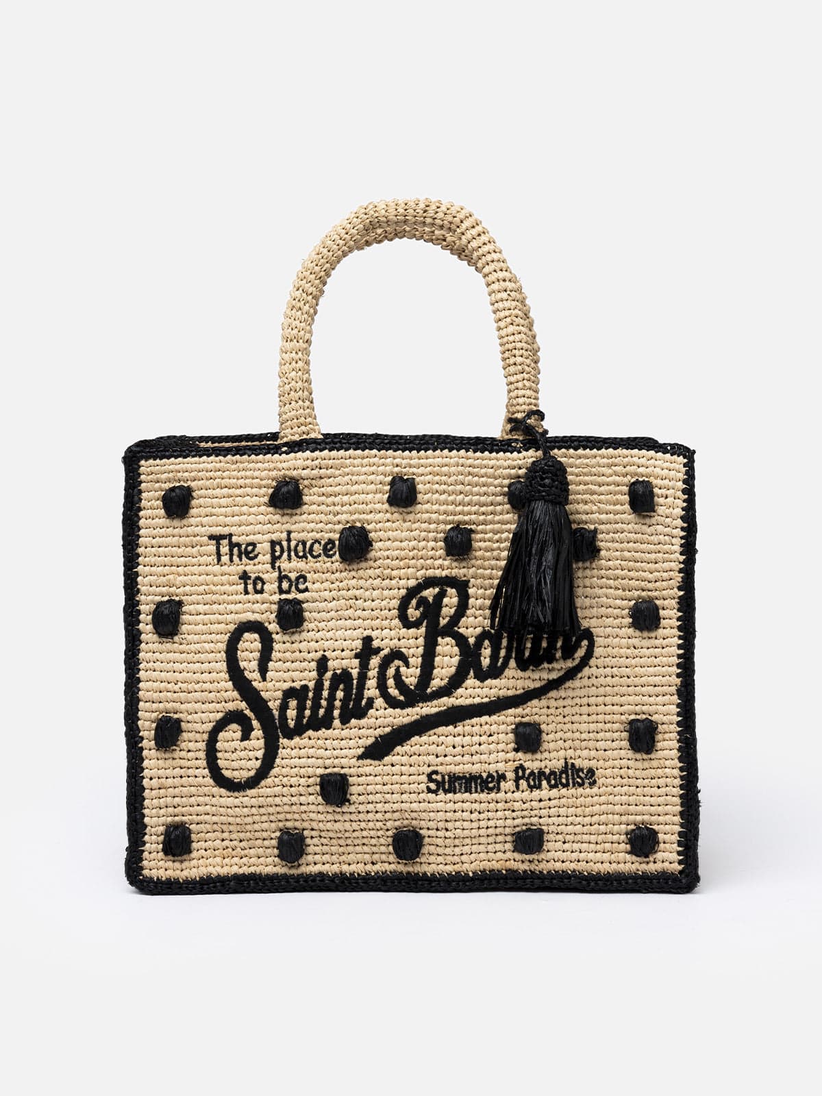 Shop Mc2 Saint Barth Natural Beige Colette Raffia Handbag With Polka Dot Appliqués In Black