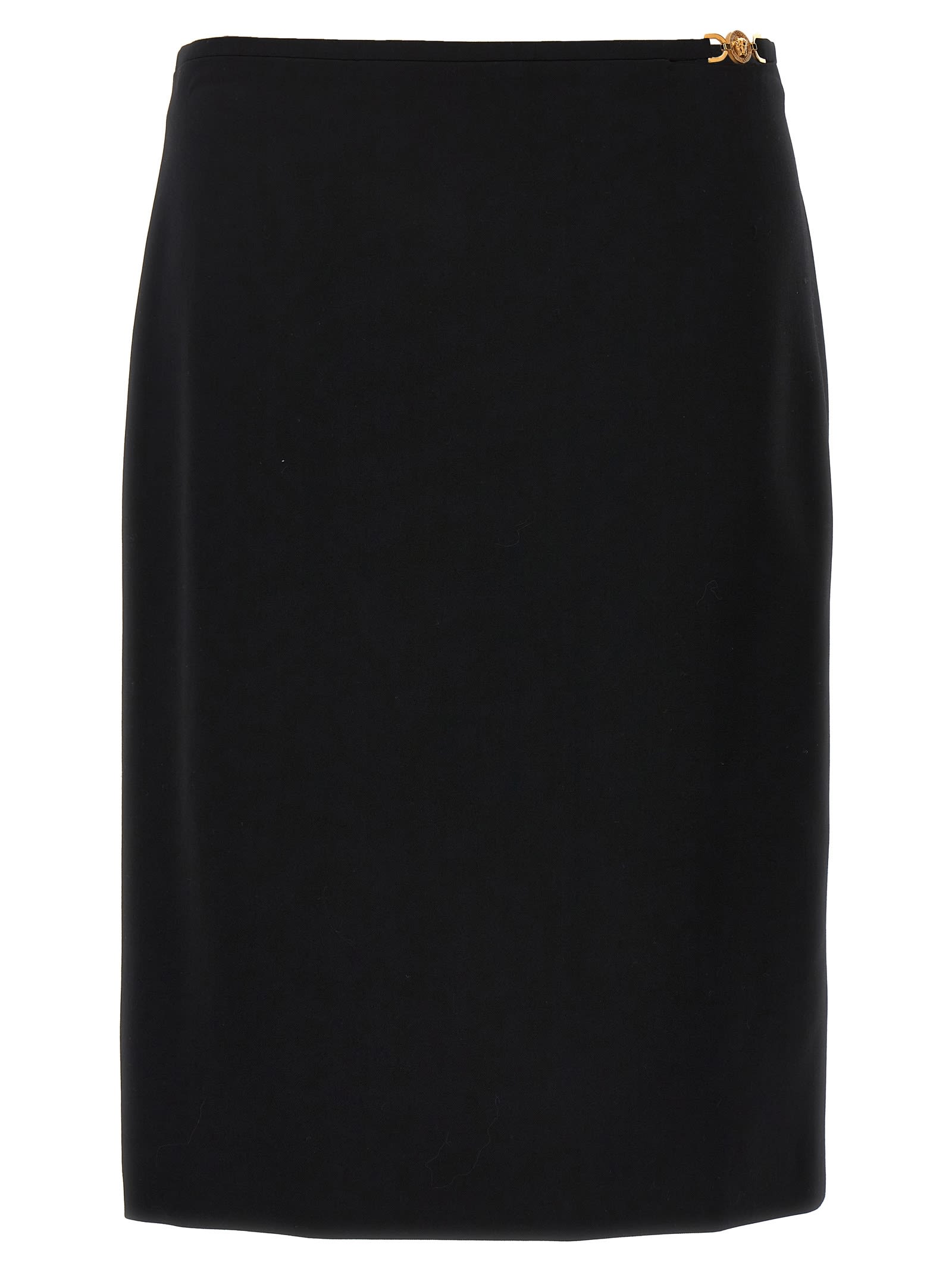 Versace Black Midi Skirt With Side Slit In Stretch Wool Woman In Black