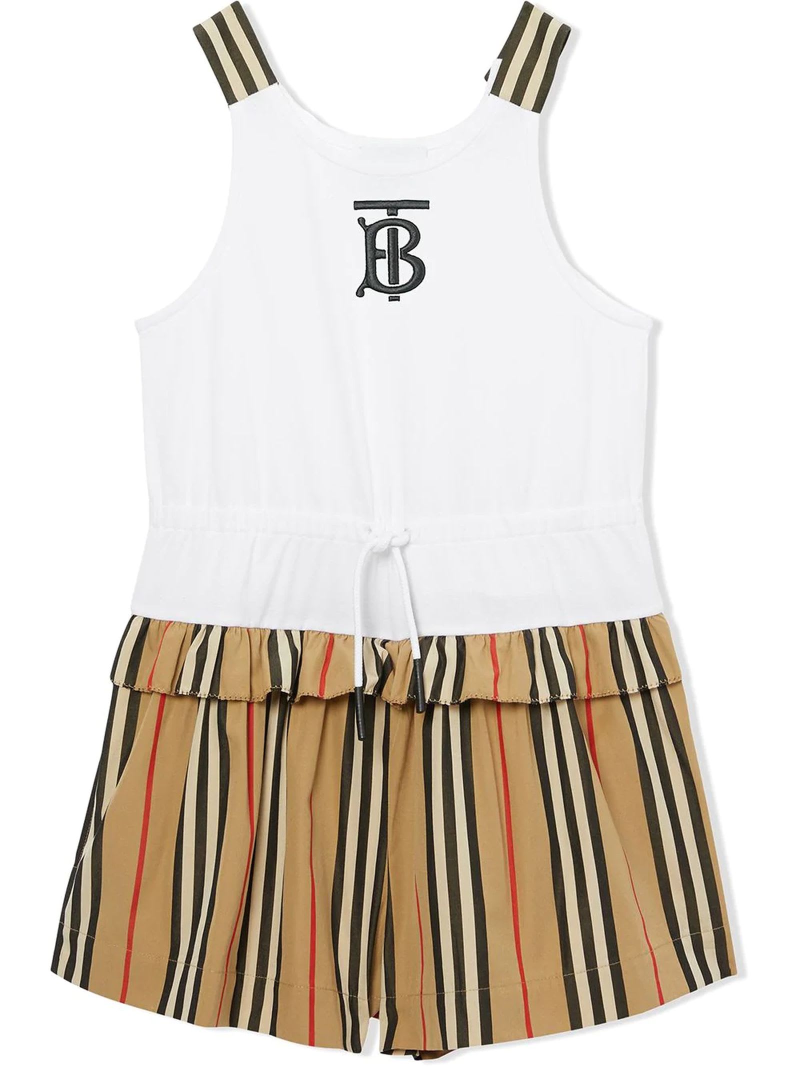 Burberry Kids' White And Beige Cotton Playsuit