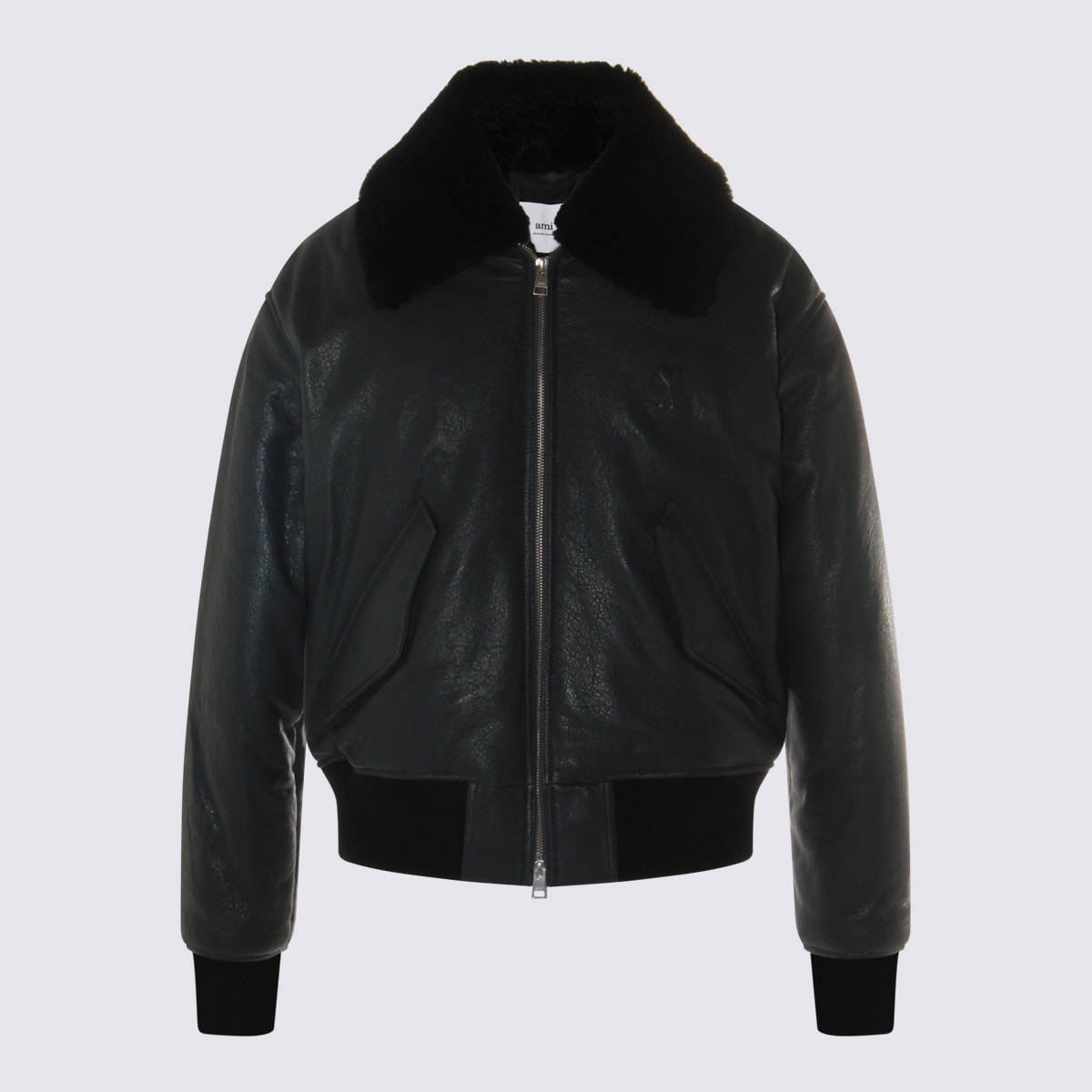 Ami Alexandre Mattiussi Leather Bomber Jacket Shearling Collar In Black