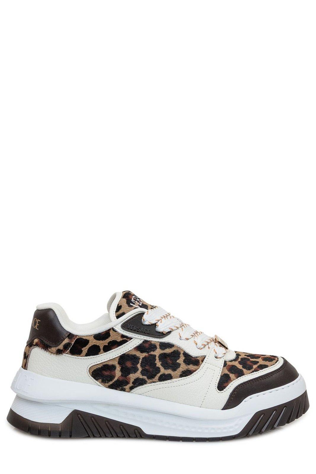 Shop Versace Odissea Leopard-printed Lace-up Sneakers In Brown