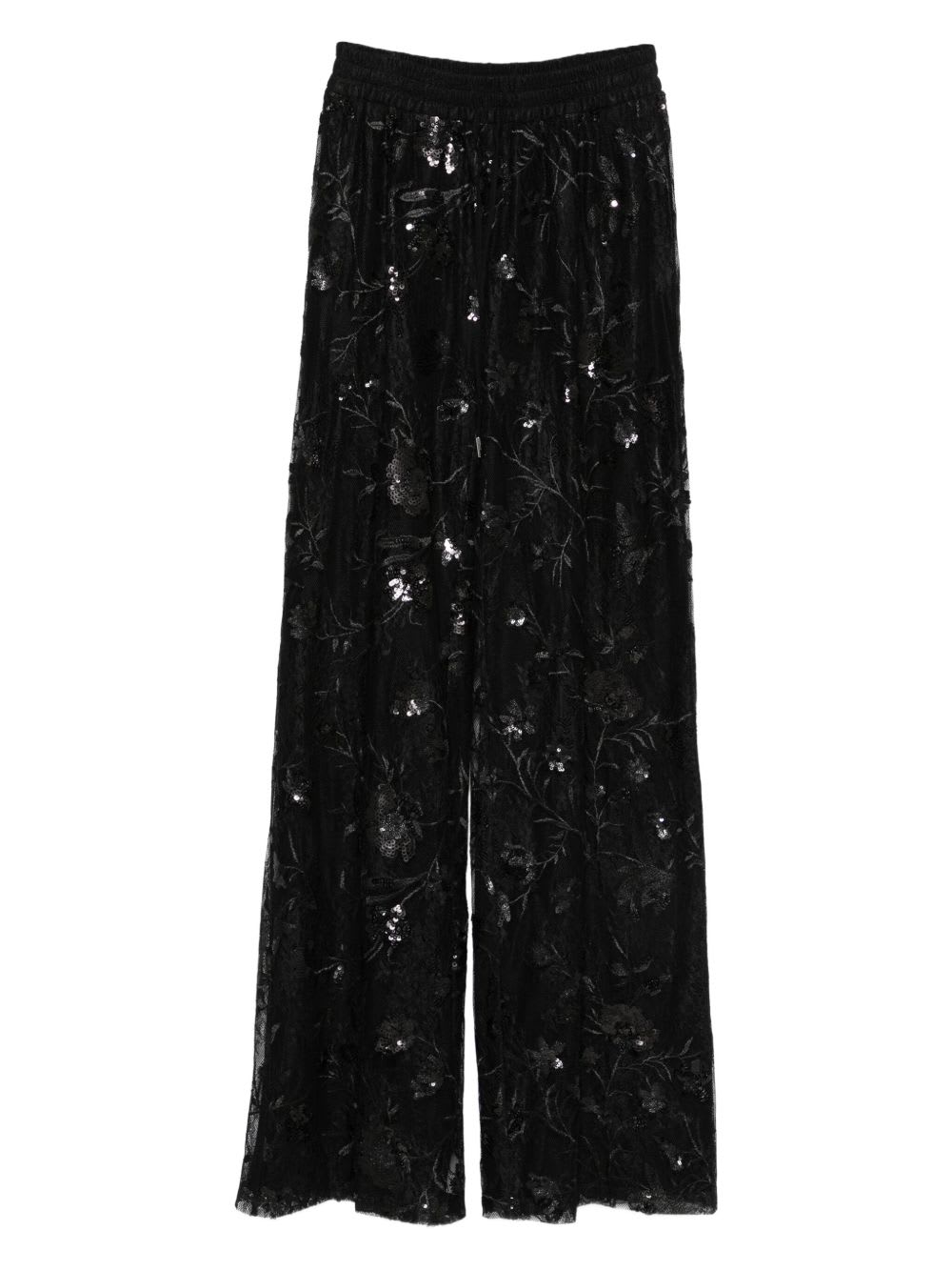 Ermanno Firenze Sheer Black Trousers With Intricate Floral Embroidery In Black
