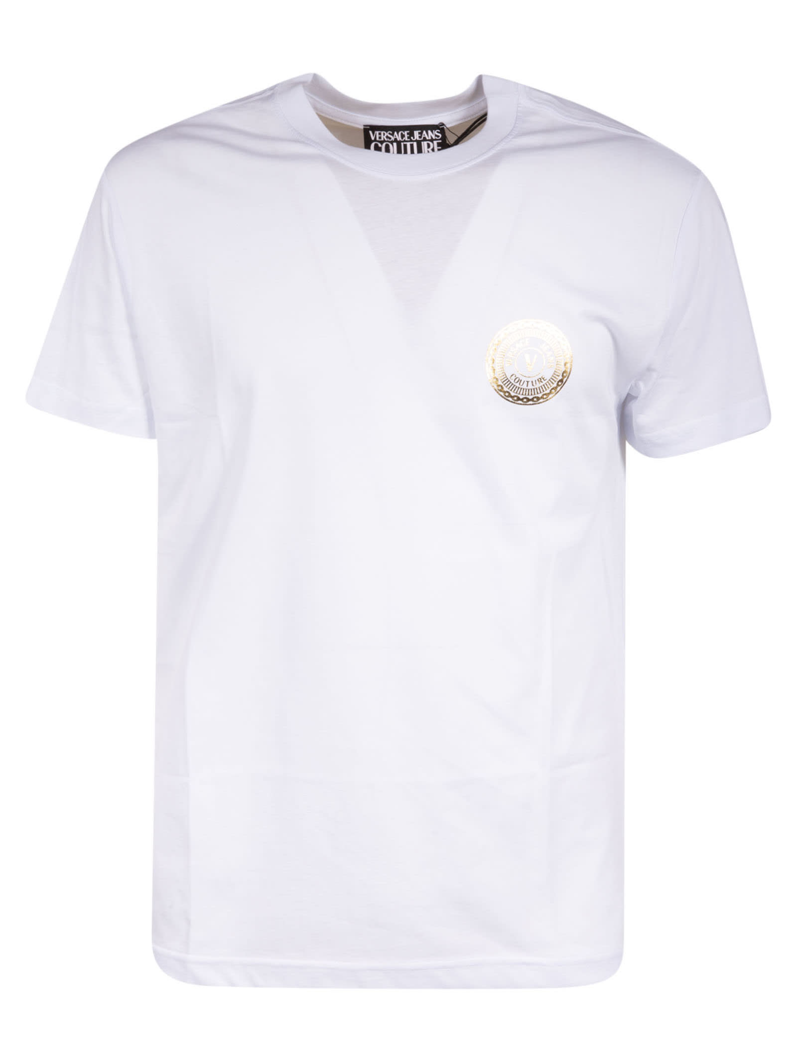 Click to view more detailed imagery on our partner's website Versace Jeans Couture Round Chest Logo T-shirt In White/gold