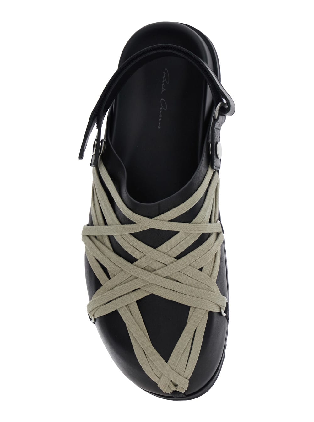 Rick Owens Black Mules With Oversize Decorative Laces And Buckle Closure In Leather Man In Animal Print