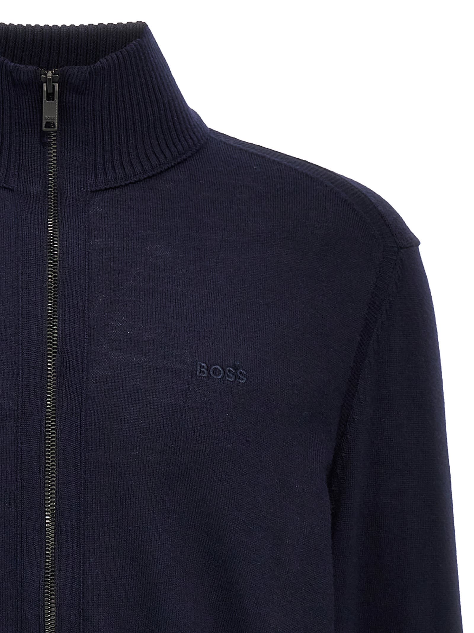 Hugo Boss Stretch-cotton Zip-up Sweatshirt With Logo Print In Blue