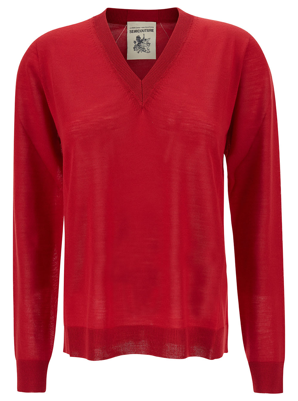 SEMICOUTURE NIKITA RED PULLOVER WITH V NECKLINE AND RIBBED TRIM IN WOOL WOMAN