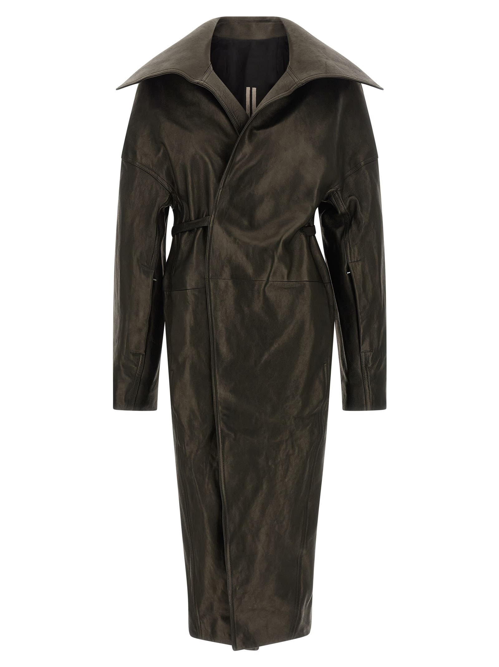 Rick Owens Dracucollar Belted Leather Coat In Green