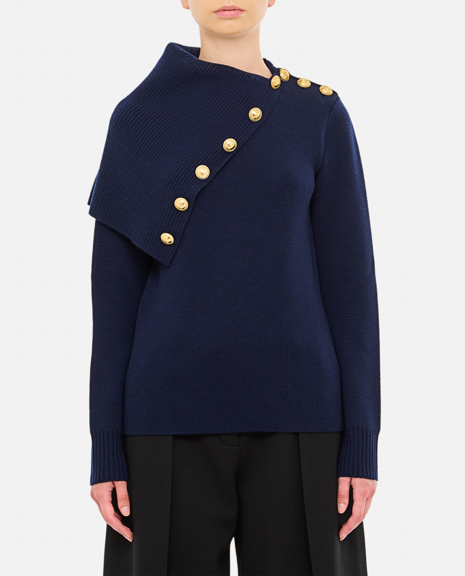 Shop Rabanne Asymmetric Neck Wool Pullover In Blue