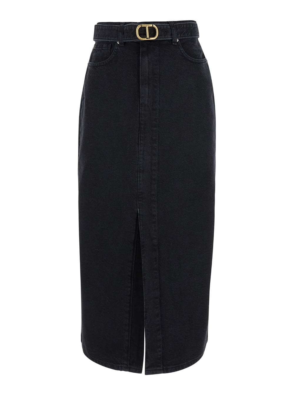 Midi Black Skirt With Front Slit In Denim Woman