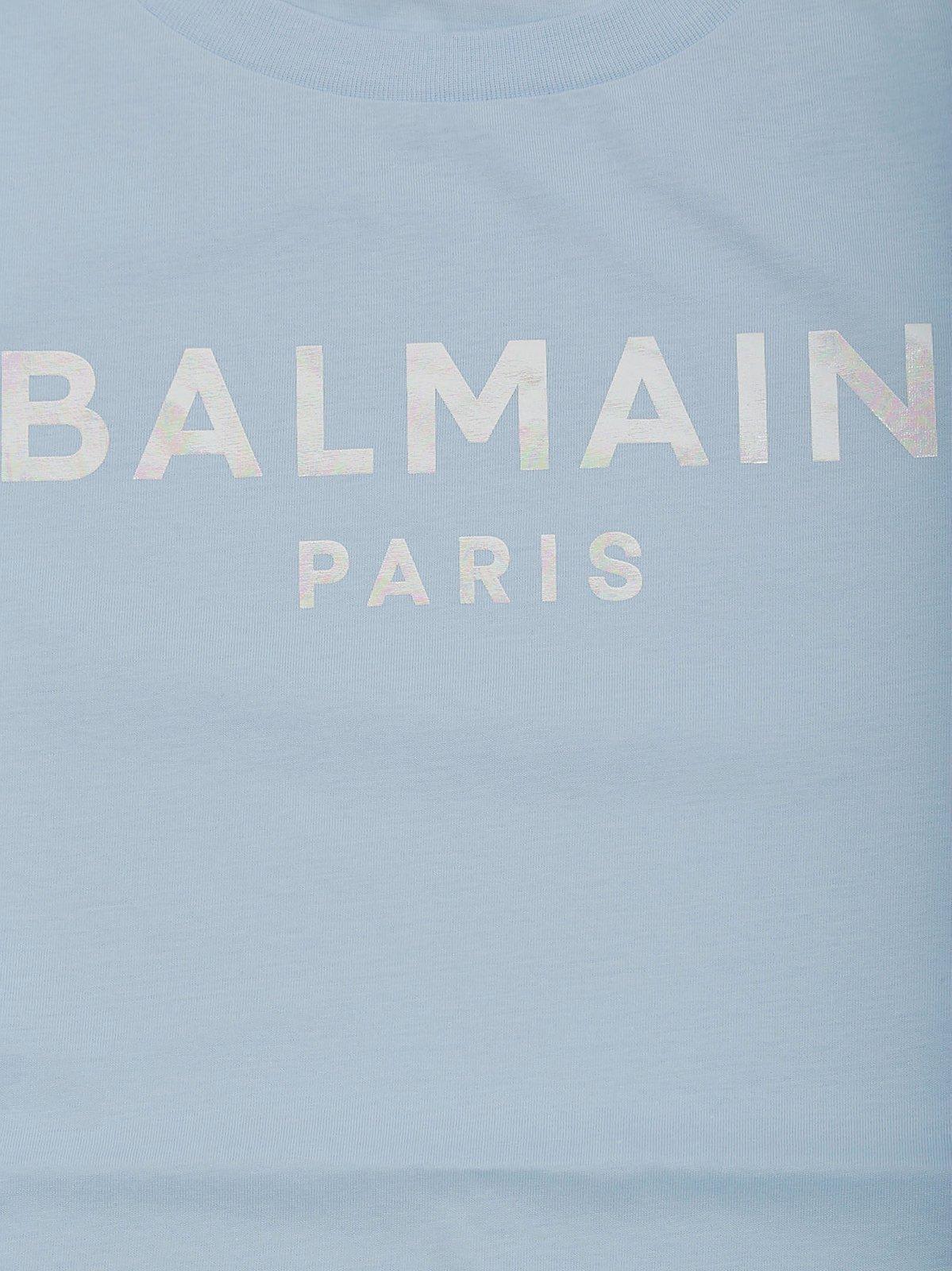 Shop Balmain Holographic Logo Crewneck T-shirt In Light Blue