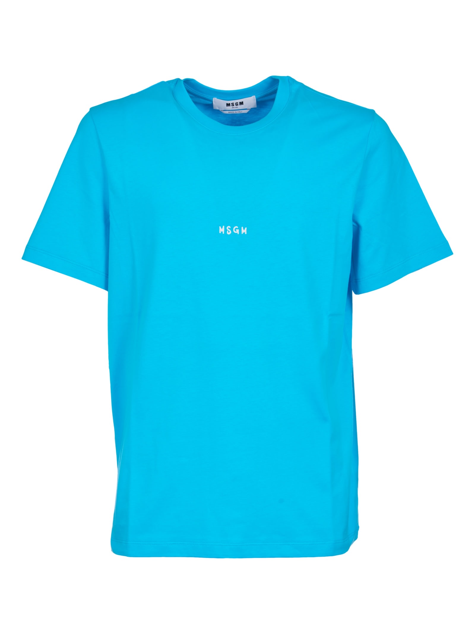 Shop Msgm Logo Detail Round Neck T-shirt In Light Blue