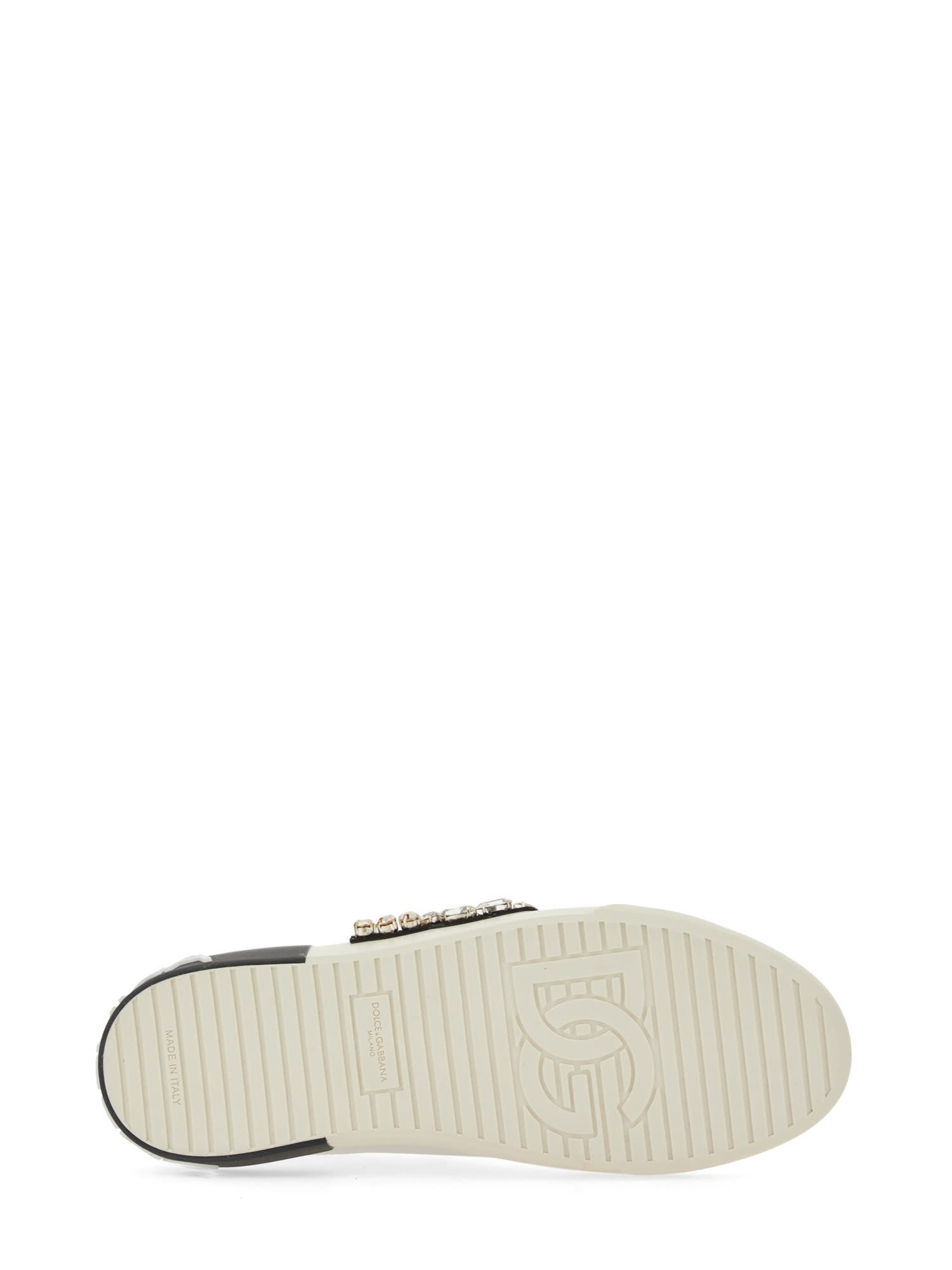 Dolce & Gabbana Portofino Vintage Leather Sneakers With Rhinestone Dg In White / Gold
