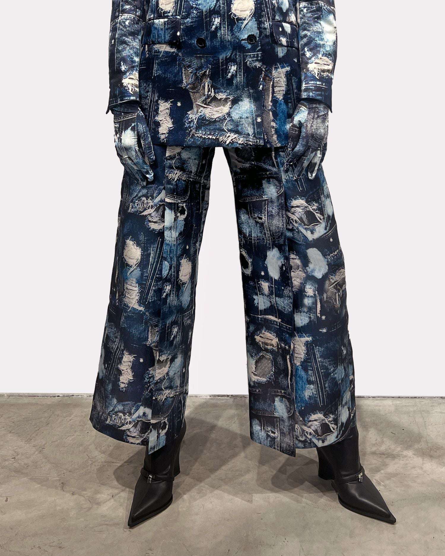 Shop John Richmond Cropped Trousers With Wide Leg And Iconic Runway Denim-effect Pattern. In Fantasia