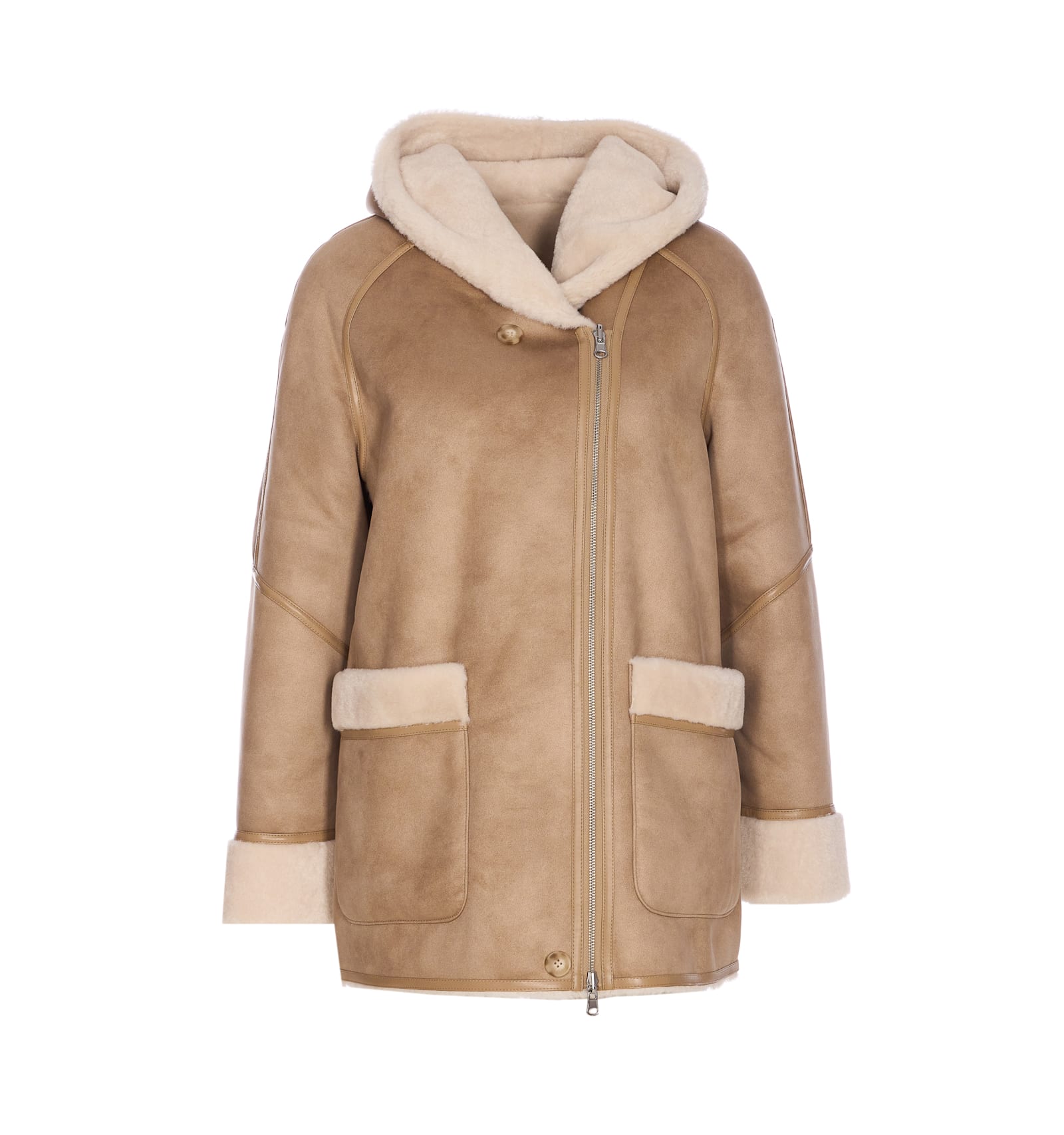 Urbancode Hooded Shearling-trimmed Coat In Brown