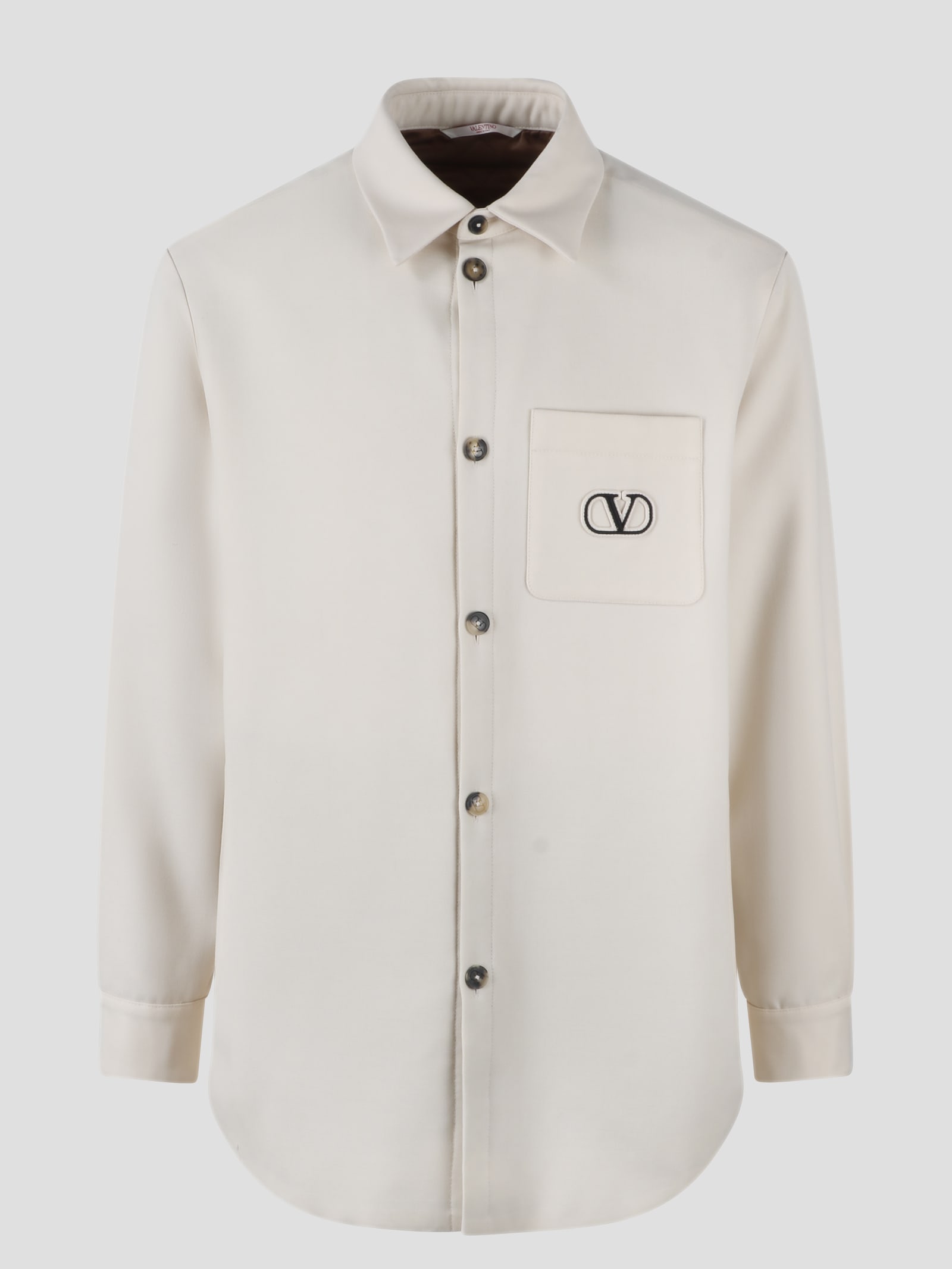 Shop Valentino Vlogo Signature Patch Wool Gabardine Shirt Jacket In Beige