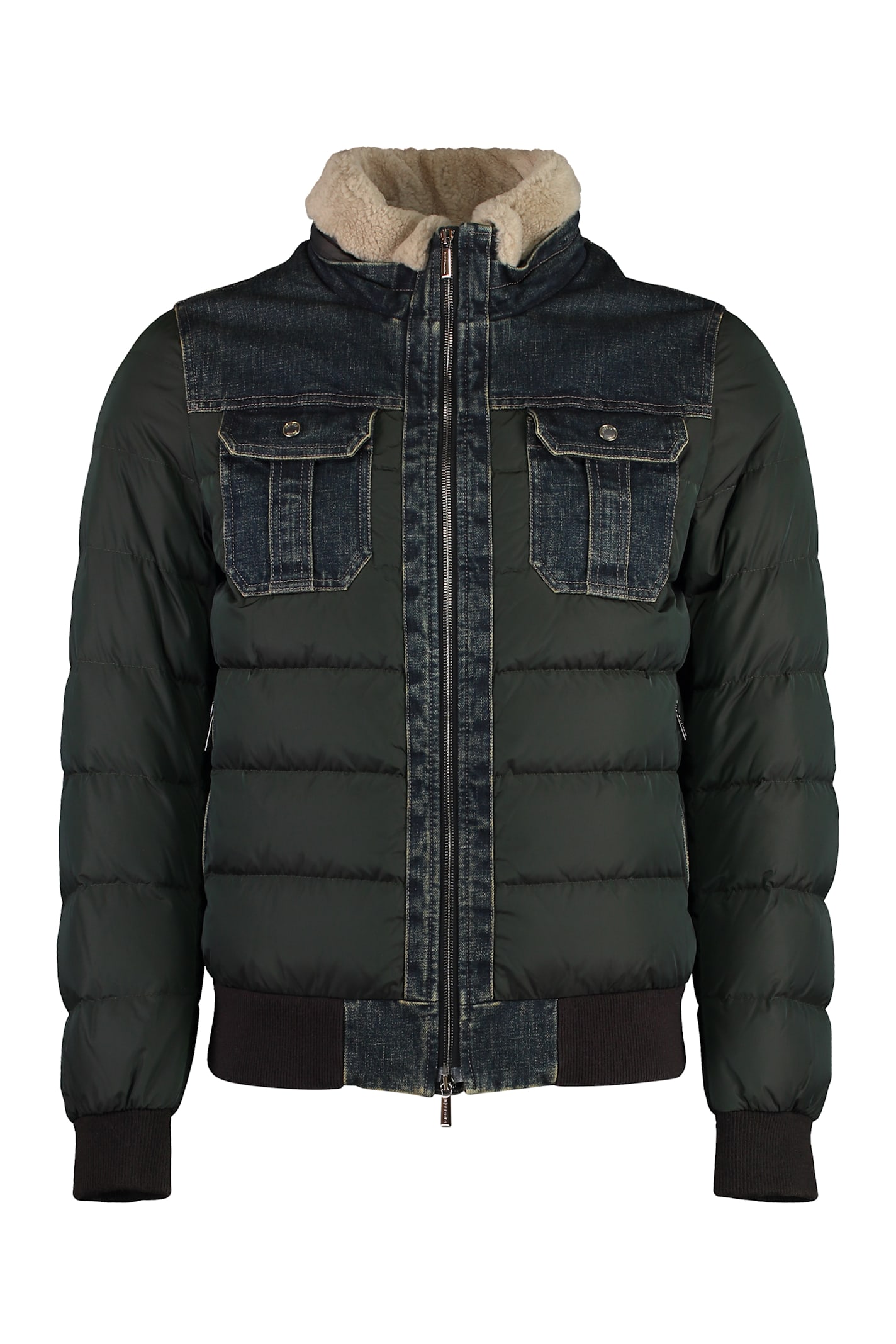 Moorer Denim-panelled Bomber Jacket In Green