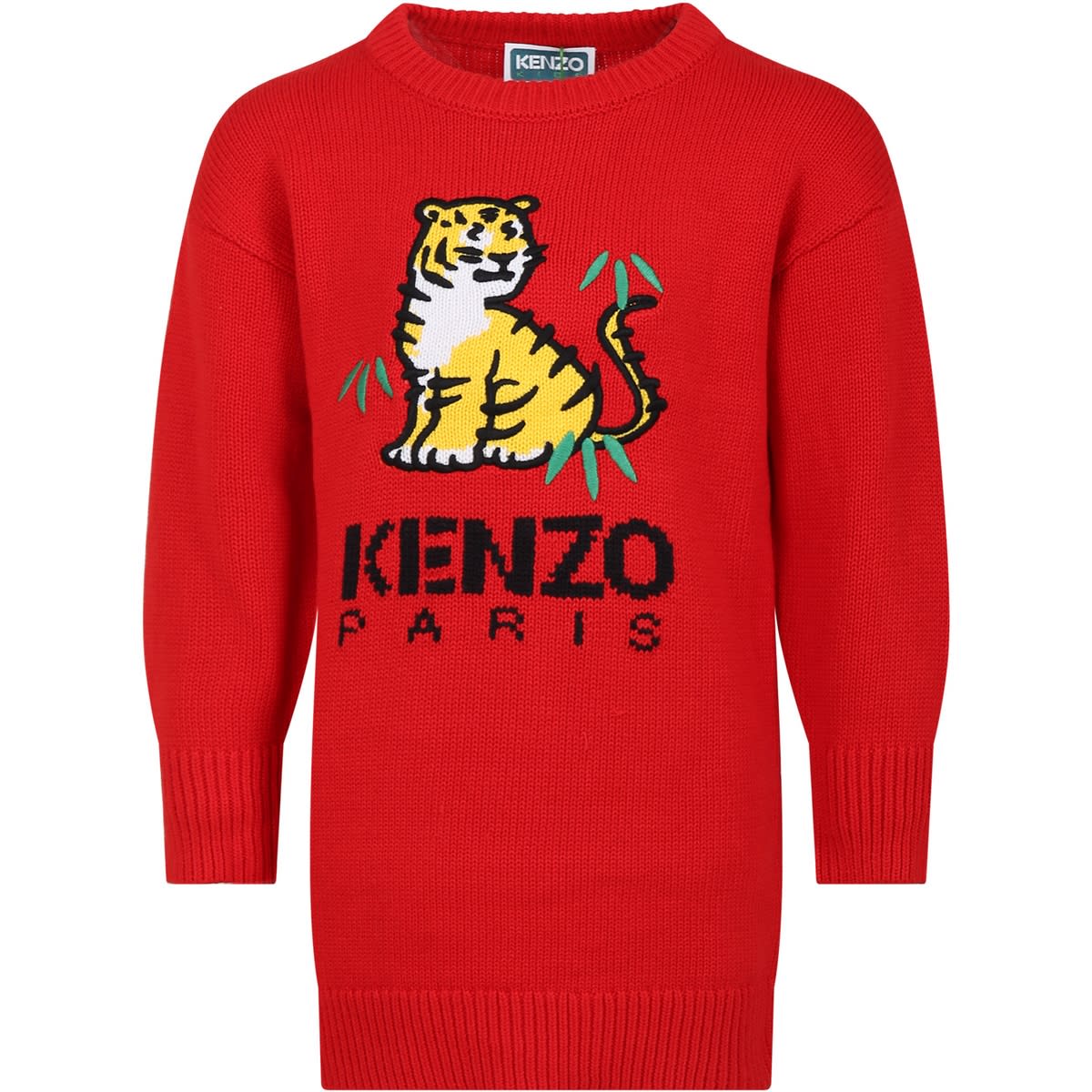 Shop Kenzo Red Dress For Girl With Logo And Tiger In Rosso