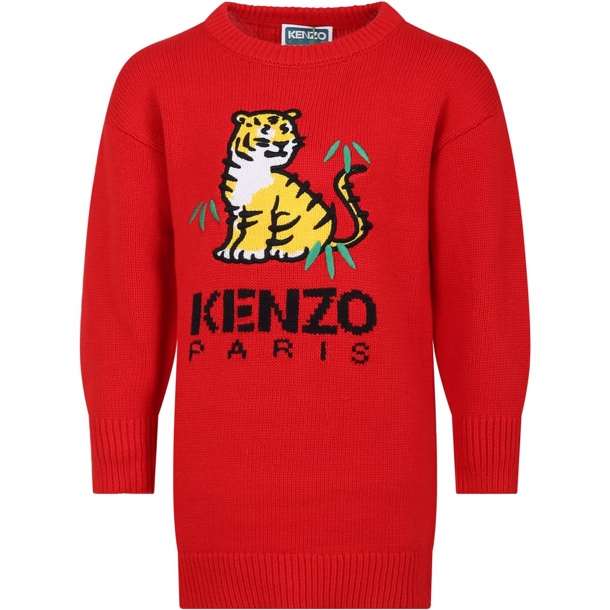 Shop Kenzo Red Dress For Girl With Logo And Tiger