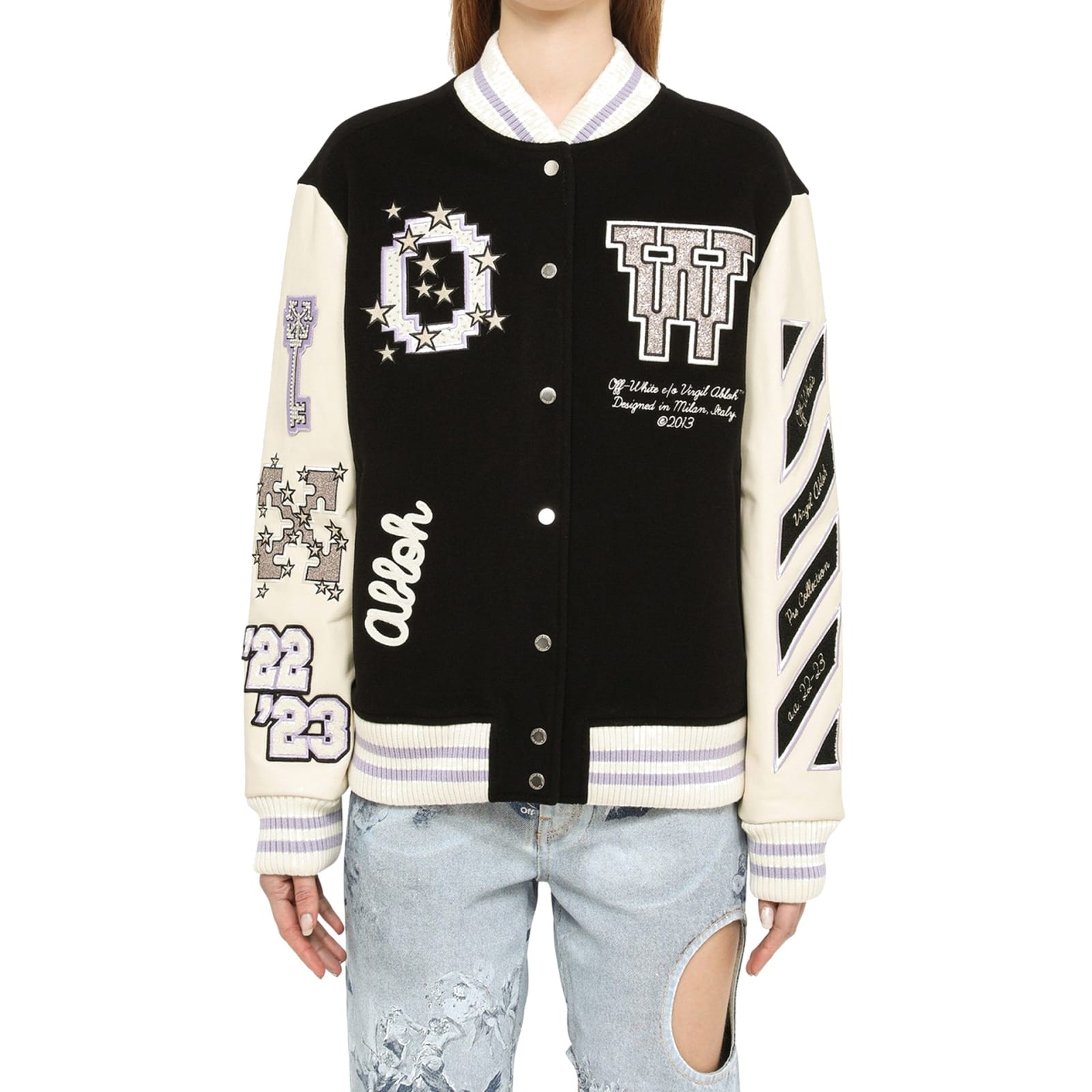 Women's Black Off-White Virgil Abloh 2015 Letterman Jacket with Striped  Sleeves - Jackets Masters