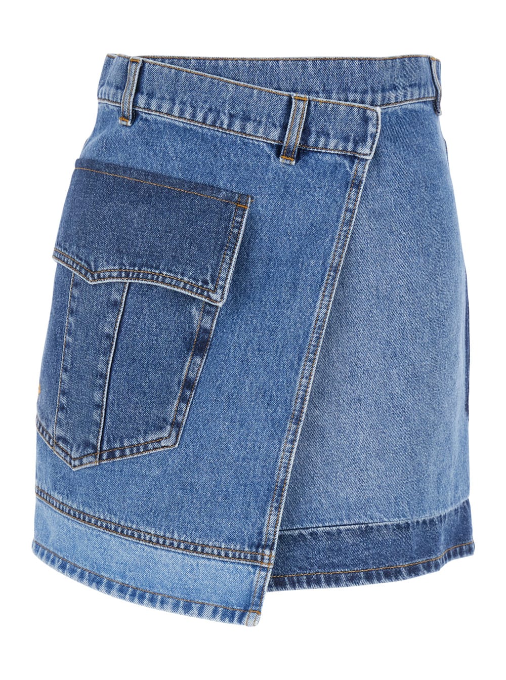 Blue Wraparound Mini Skirt With Logo Detail On The Side And Patchwork Design In Denim Woman