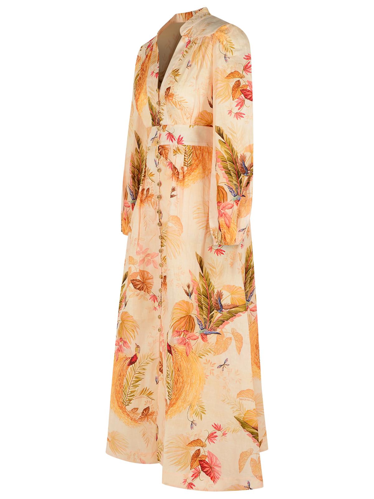 Zimmermann Plunge Low-cut Linen Dress In Cream Palm Floral Color In Gold