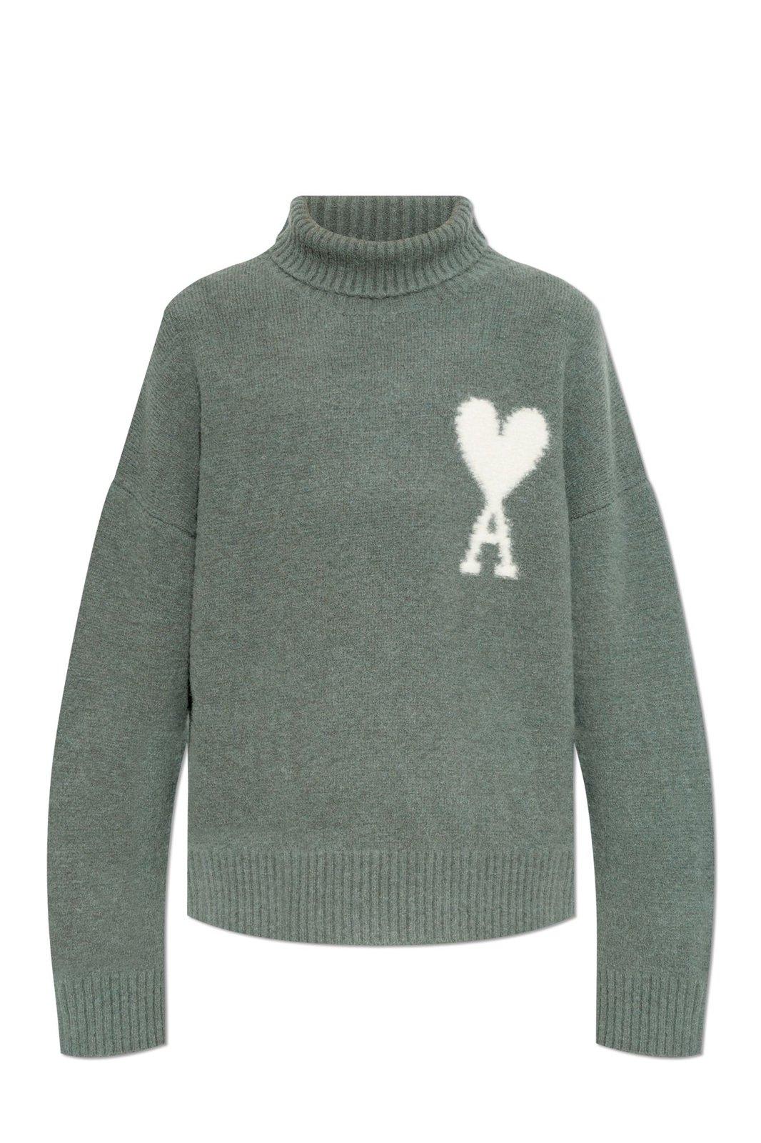 Shop Ami Alexandre Mattiussi Paris De Coeur High Neck Knitted Jumper In Green