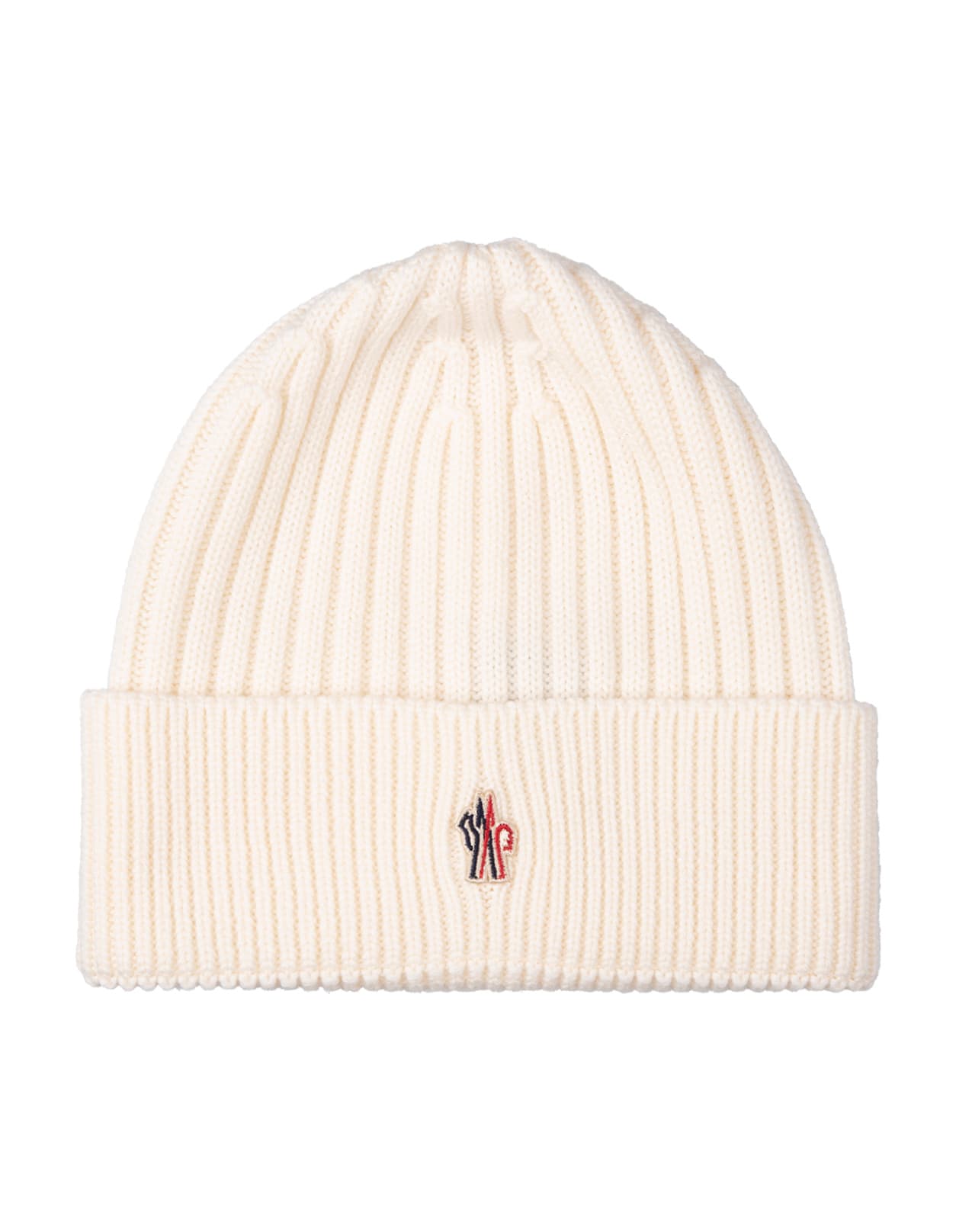 Shop Moncler White Ribbed Wool Beanie With Logo Patch