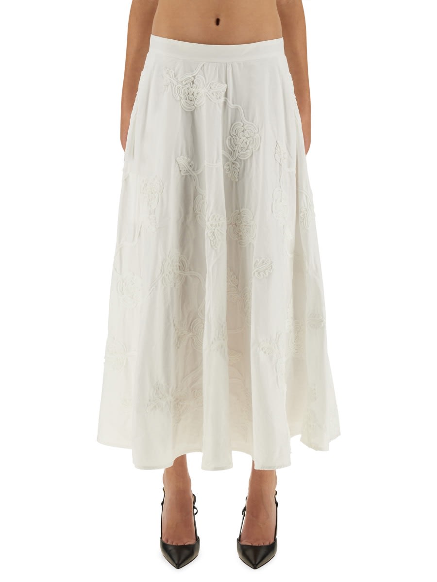 Rotate Birger Christensen Floral Embroidered A-line Midi Skirt In Organic Cotton In White