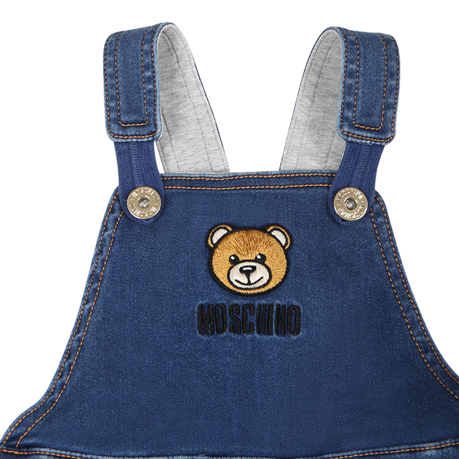 Shop Moschino Blue Dungarees For Babykids With Teddy Bear And Logo In Denim