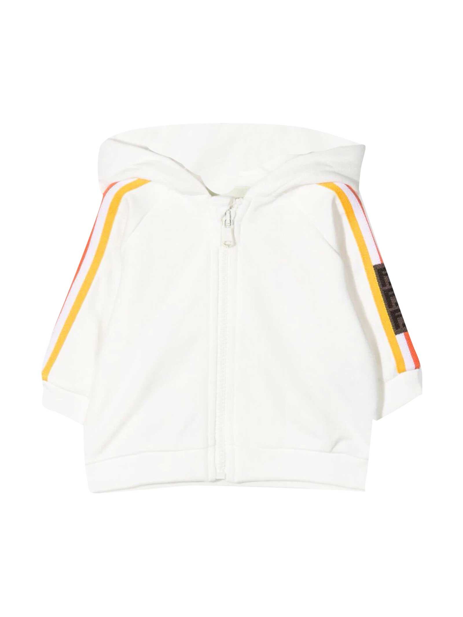 Fendi White Sweatshirt With Hood And Multicolor Bands