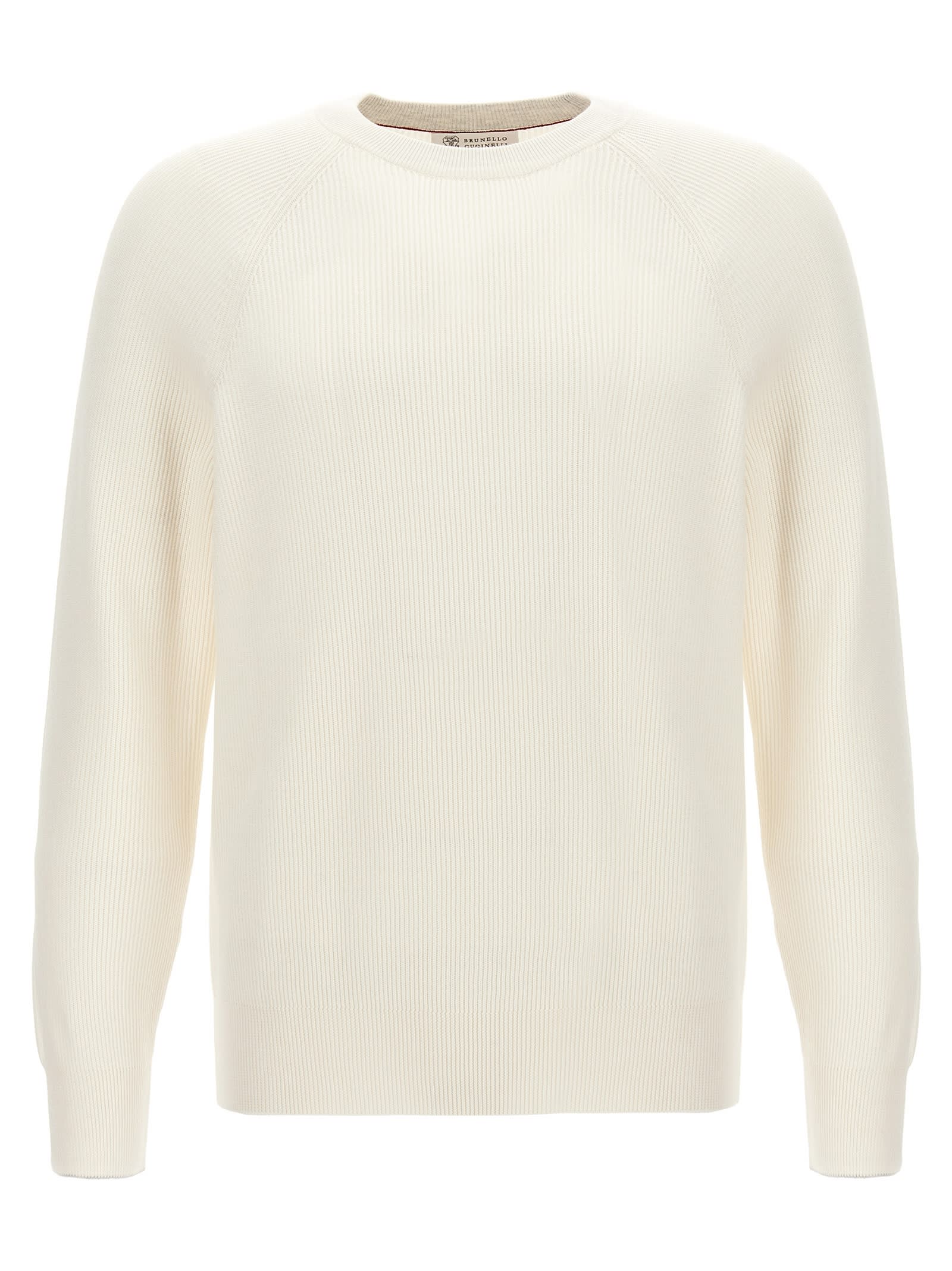 Brunello Cucinelli Crew Neck Cashmere Sweater With Ribbed Cuffs In Grey
