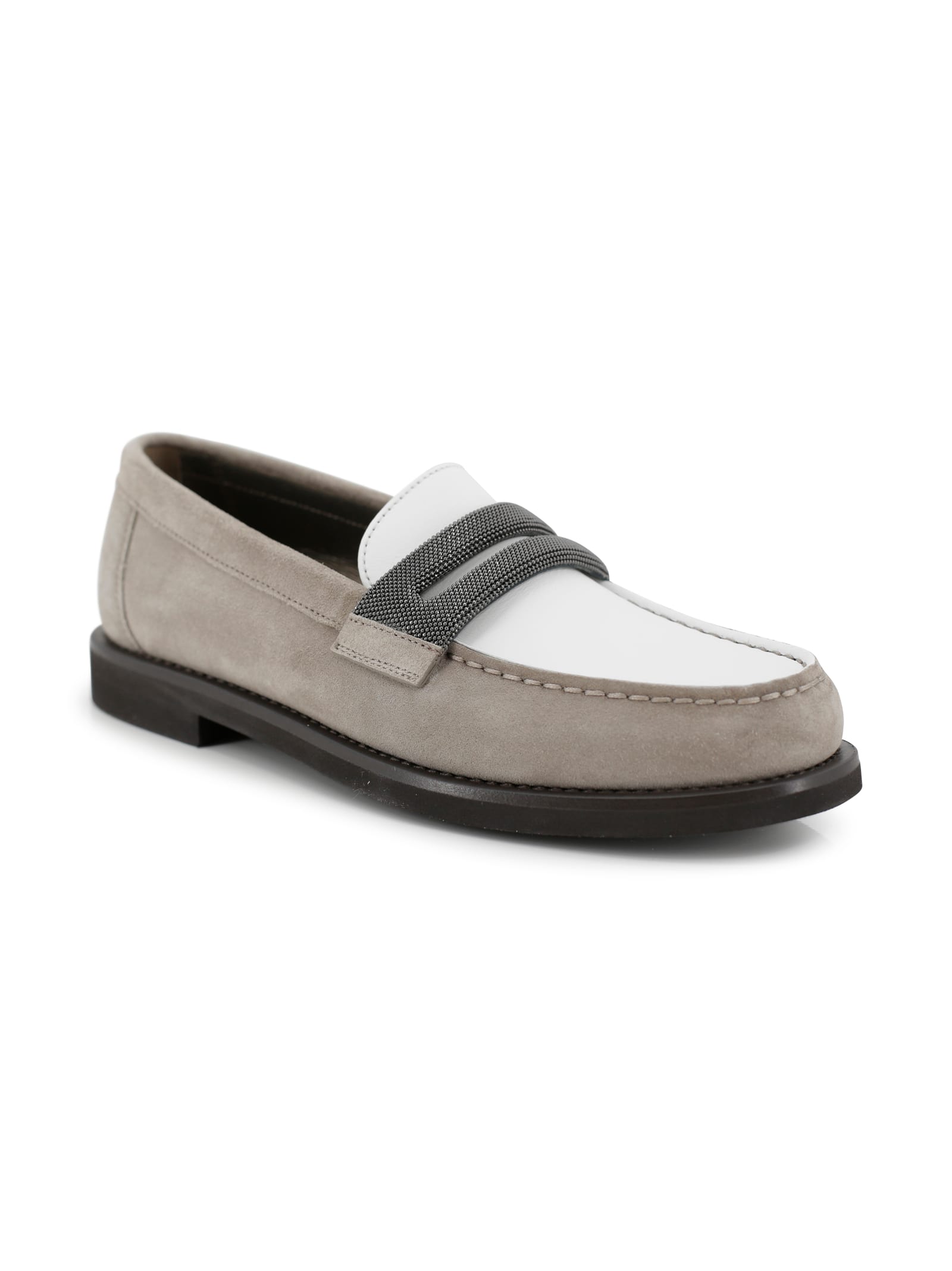 Brunello Cucinelli Beige Loafers With Monile Detail And Chain In Suede Woman In White
