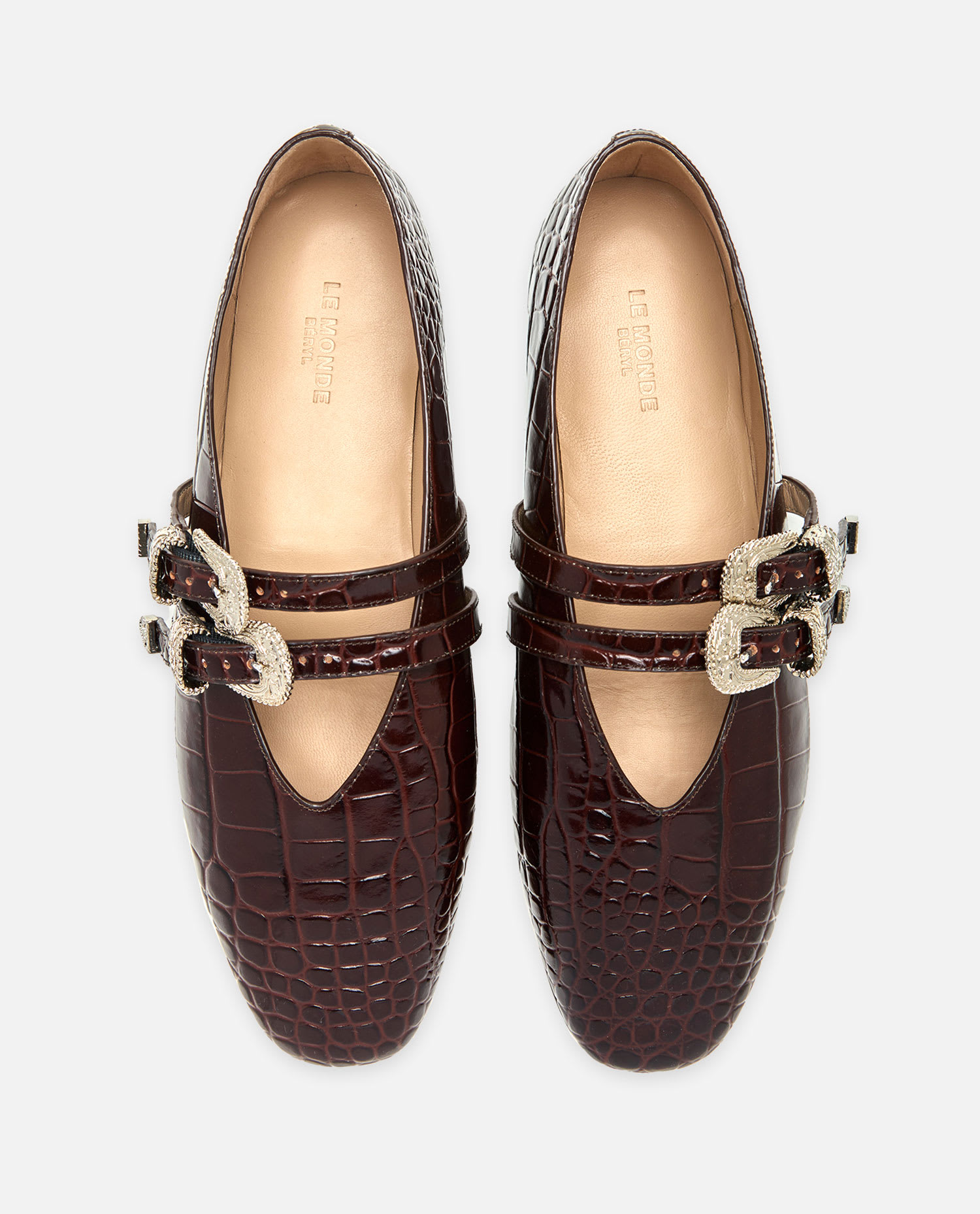 Le Monde Beryl Claudia Croc-effect Patent Leather Mary-jane Ballet Flats In Brown