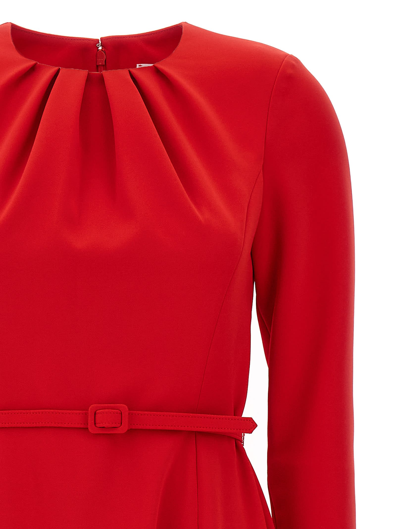 Carolina Herrera Gathered Neck Belted Long-sleeve Midi Dress In Red