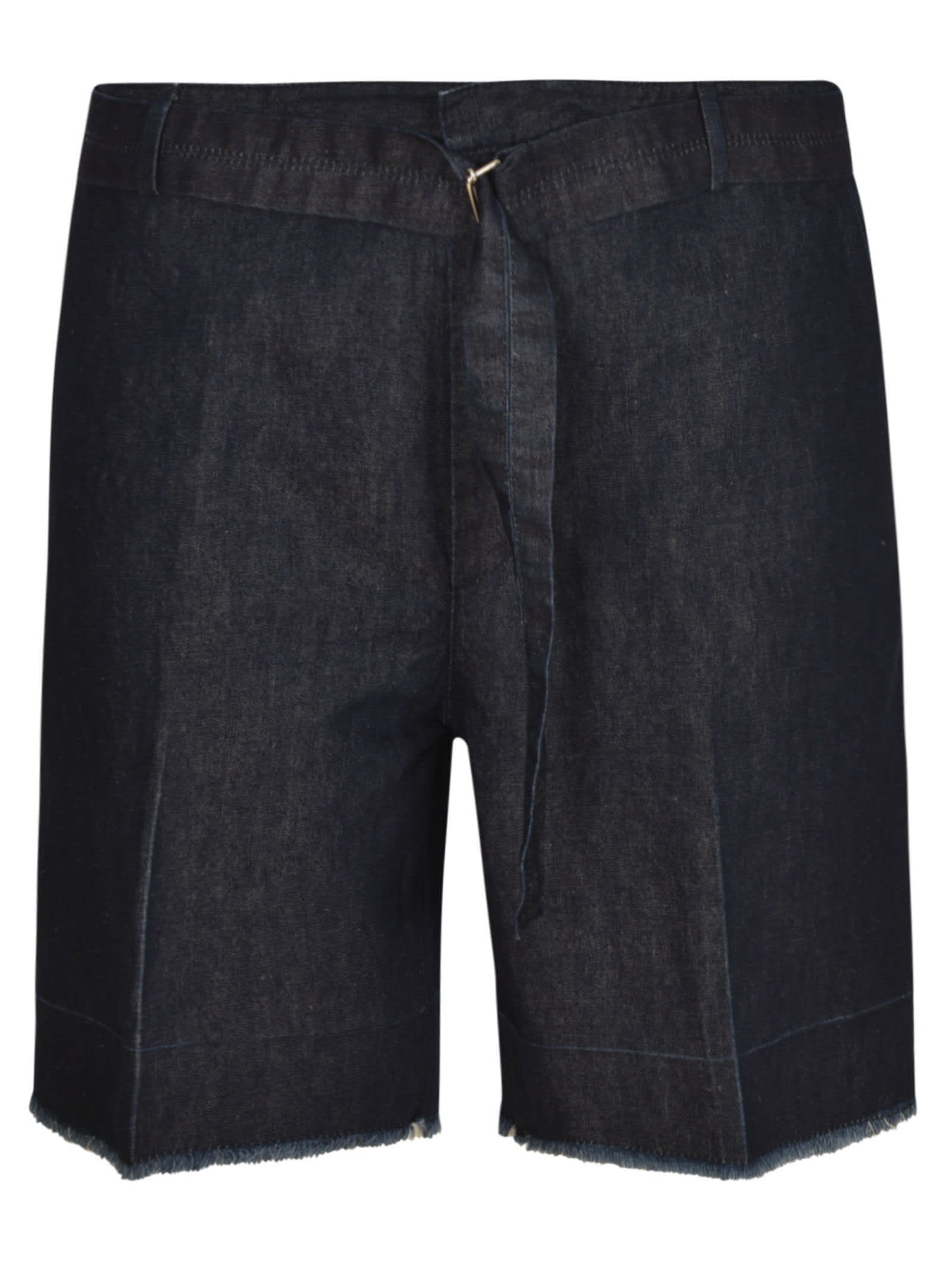 Shop Lanvin Fringe Hem Belted Denim Shorts In Navy Blue