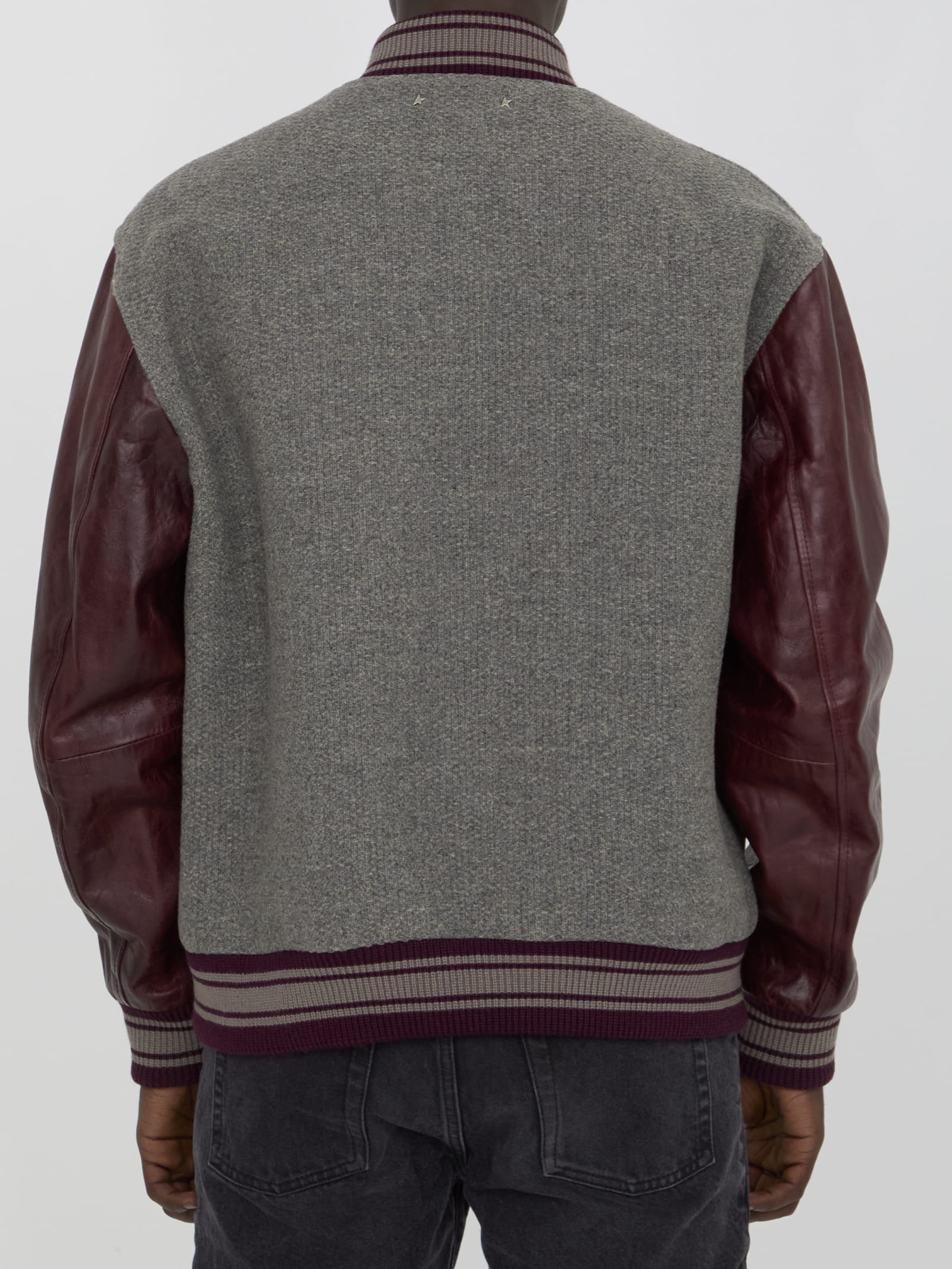 Shop Golden Goose Wool Bomber Jacket With Leather Sleeves In Melange Grey/ Vineyard Wine