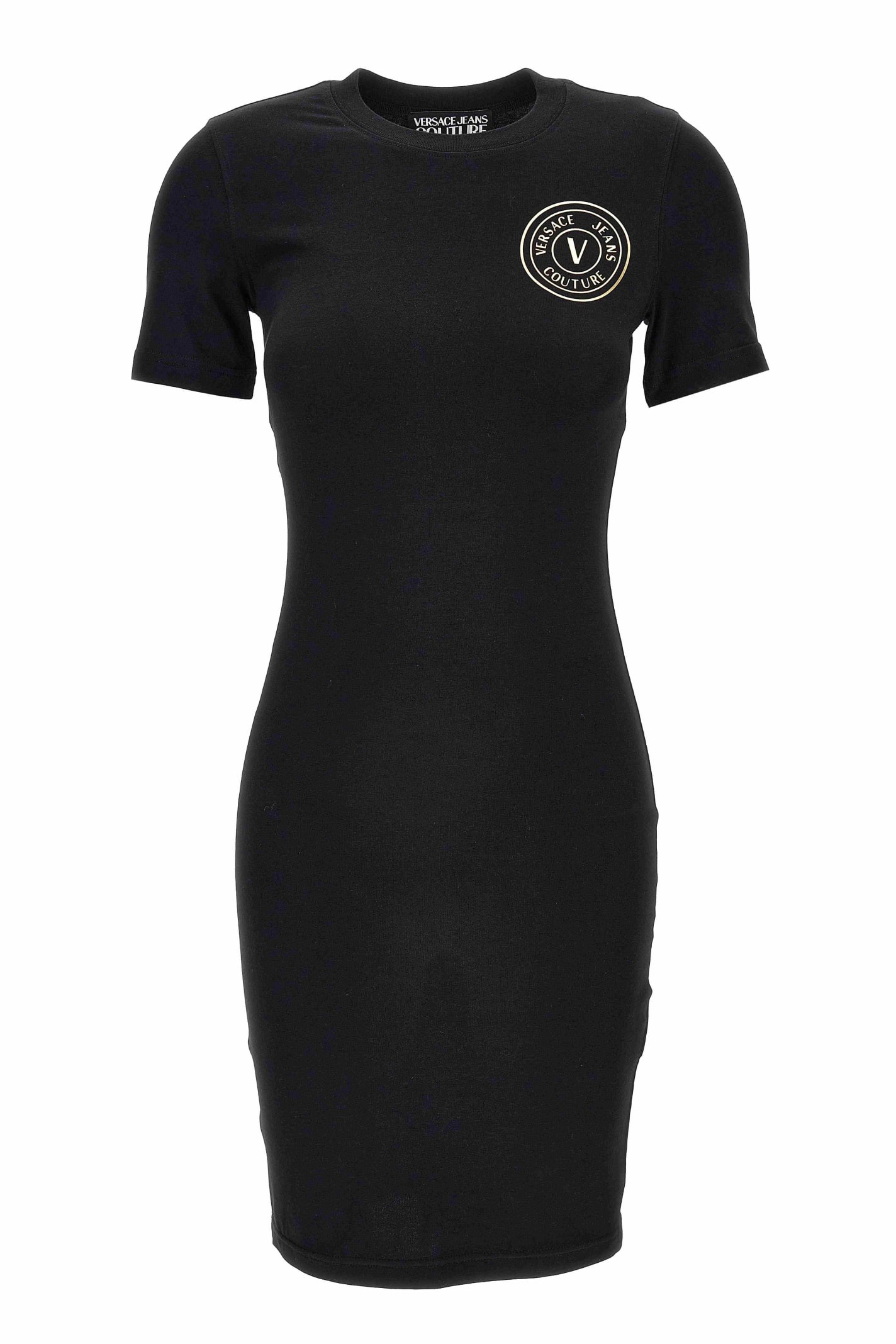 Versace Jeans Couture Black V-emblem Minidress In Black/gold