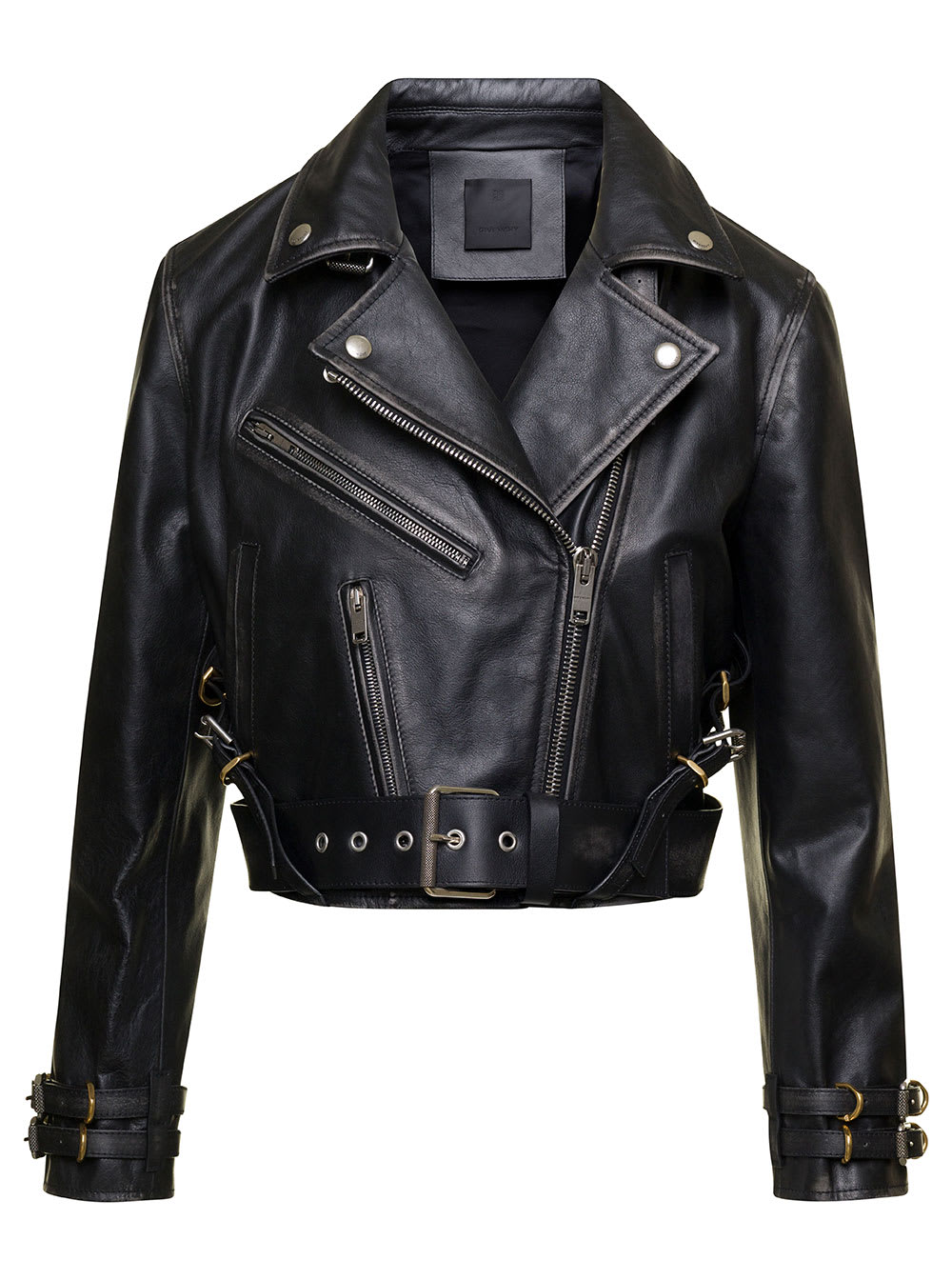 GIVENCHY BLACK CROPPED BIKER JACKET IN CALF LEATHER WOMAN