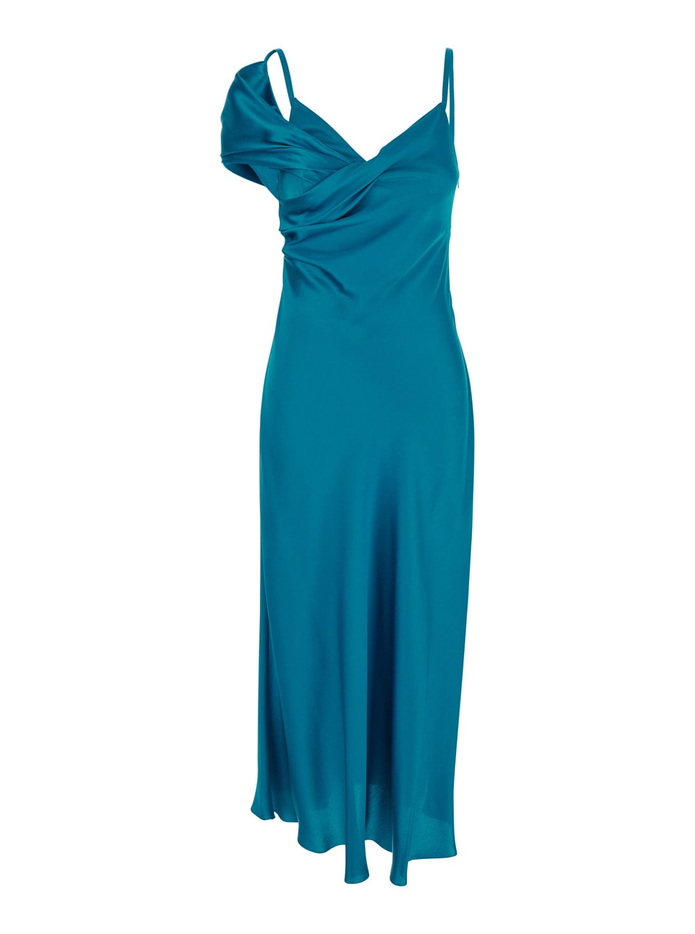 Blue Dress With Dropped Sleeve And Draped Detail In Satin Woman