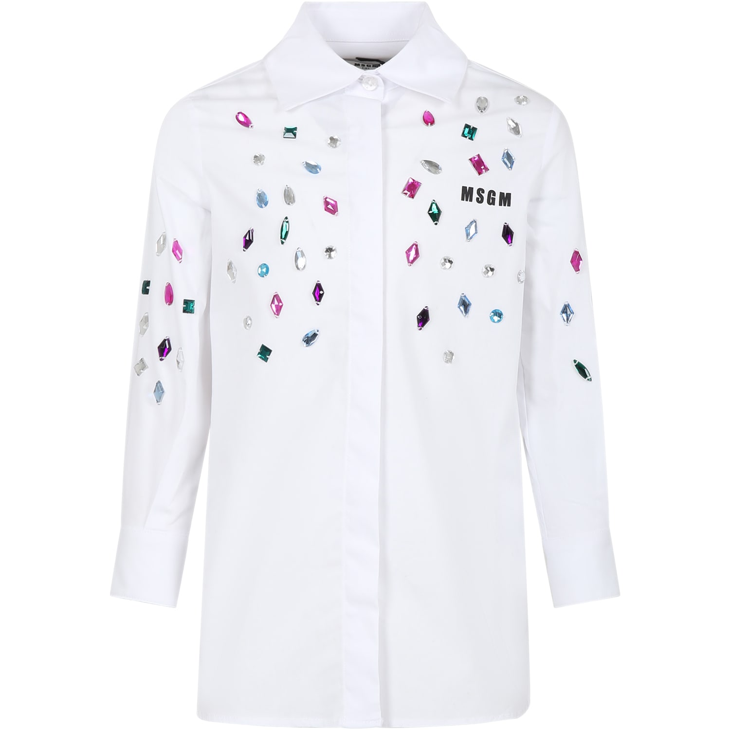 Msgm Kids' White Dress For Girl With Stones And Logo